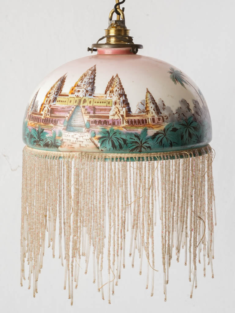 Hand-Painted Glass Pendant Light w/ Angkor Temple Scene and Beaded Fringe c. 1920–30 - 8¾"