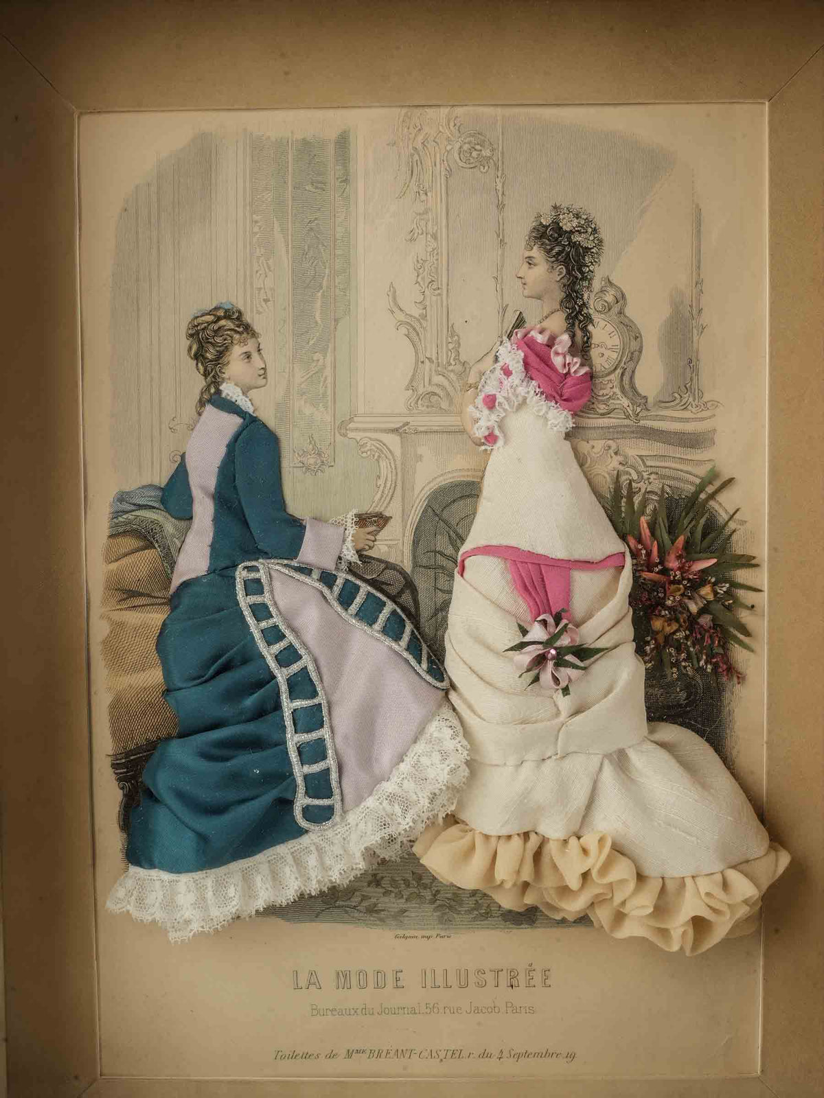 Late 19th-Century French Fabric-Embellished Fashion Plate - 17¼" x 13½"