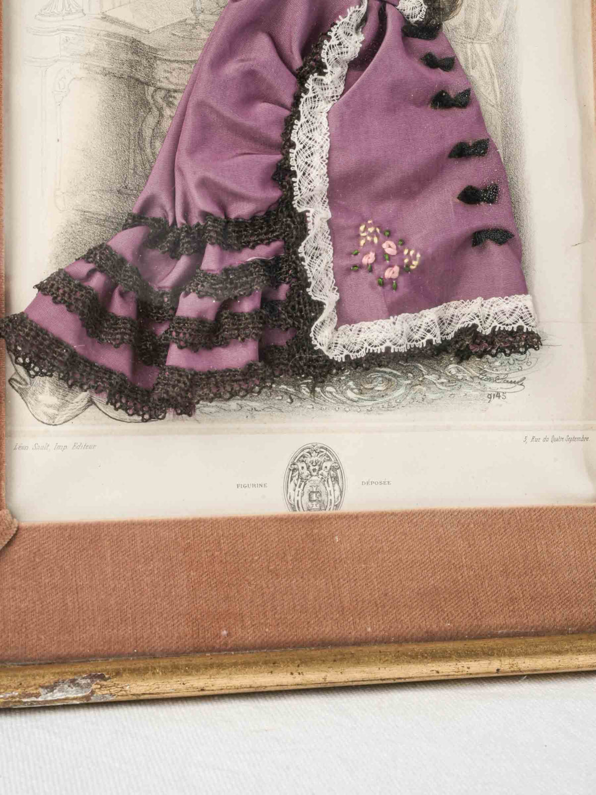 Late 19th-Century French Dressed Fashion Engraving of a Lady in Mauve - 15¾" x 12½"