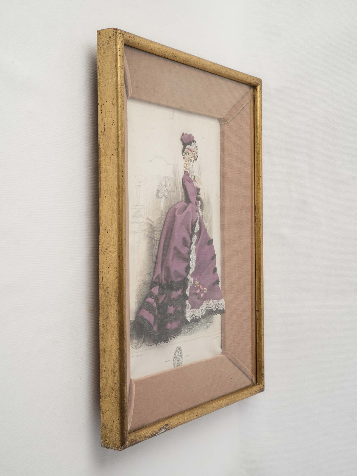 Late 19th-Century French Dressed Fashion Engraving of a Lady in Mauve - 15¾" x 12½"