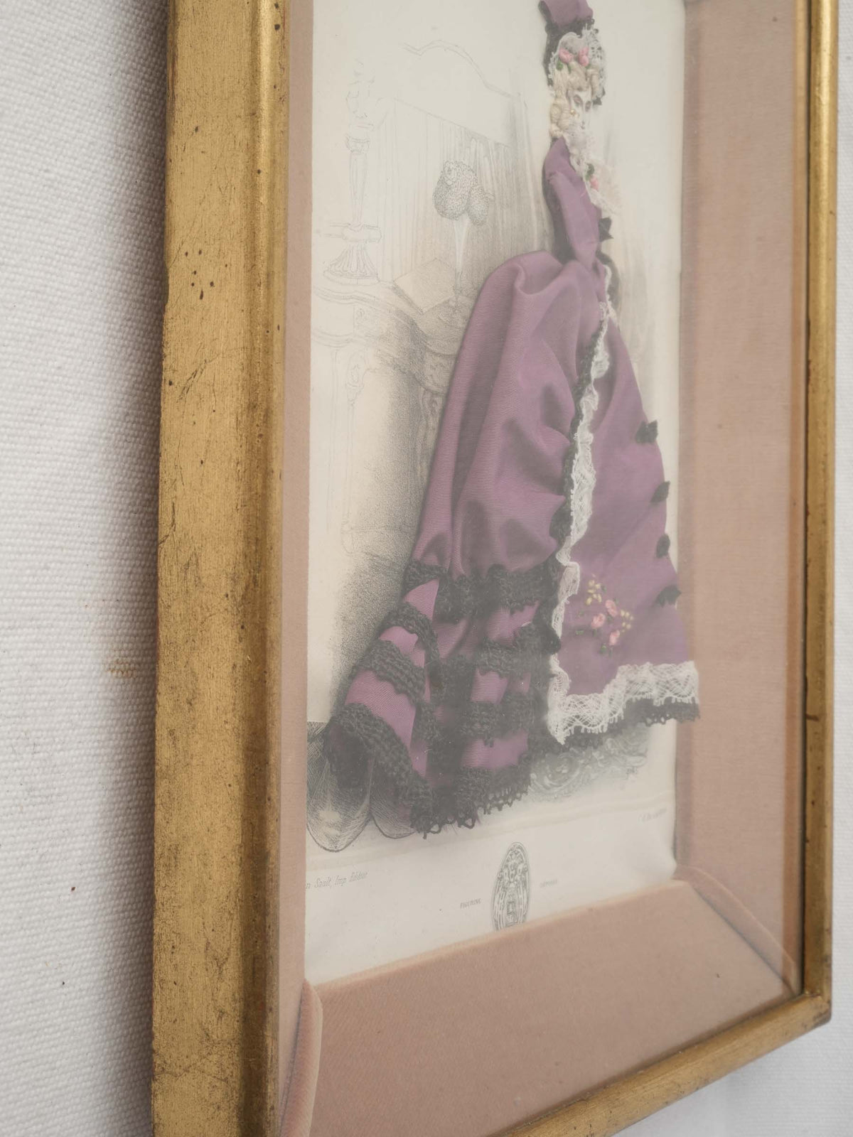 Late 19th-Century French Dressed Fashion Engraving of a Lady in Mauve - 15¾" x 12½"