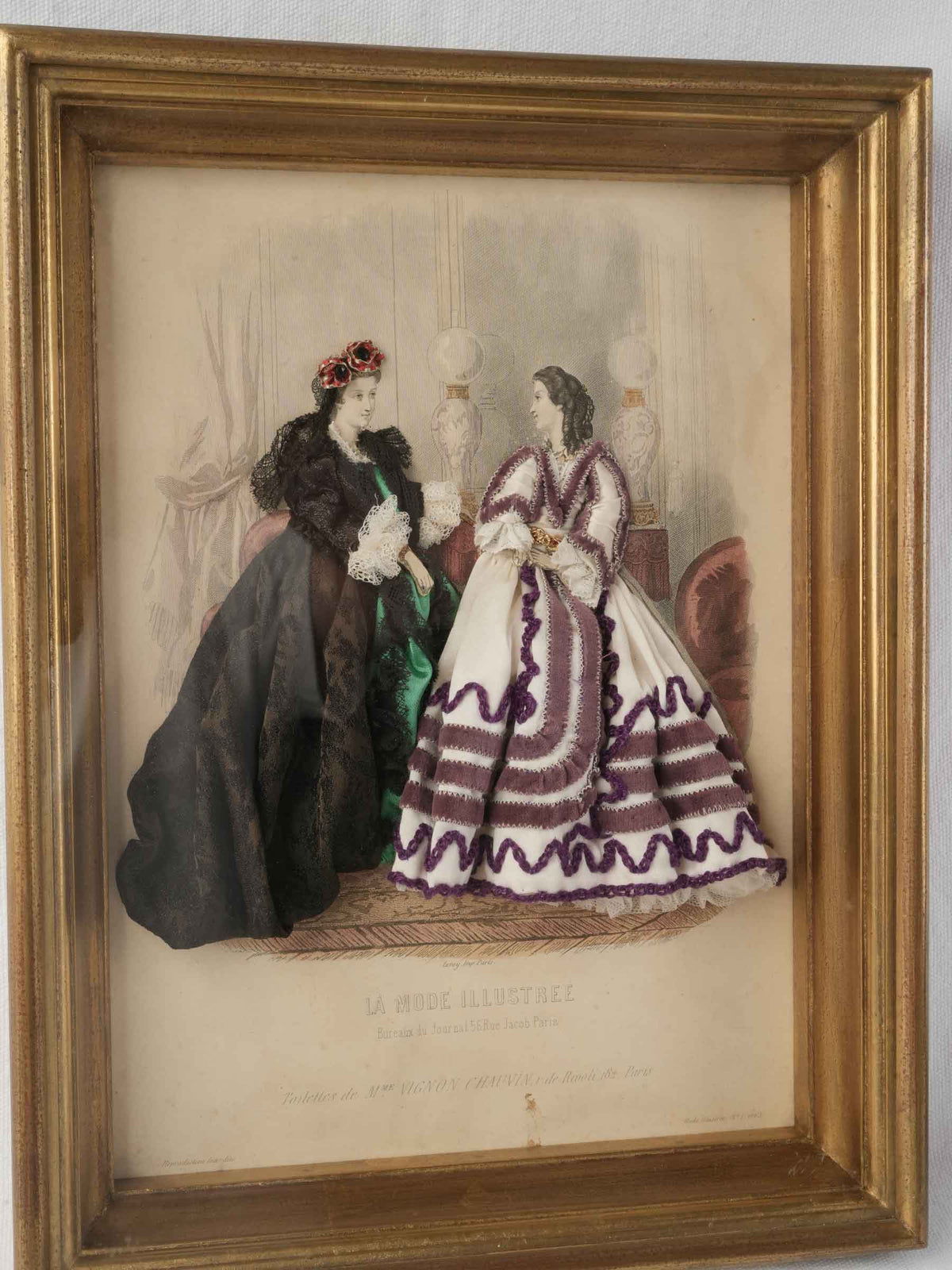 Late 19th-Century French Dressed Fashion Engraving of Two Ladies in Black and Mauve, La Mode Illustrée - 16¼" x 12¼"