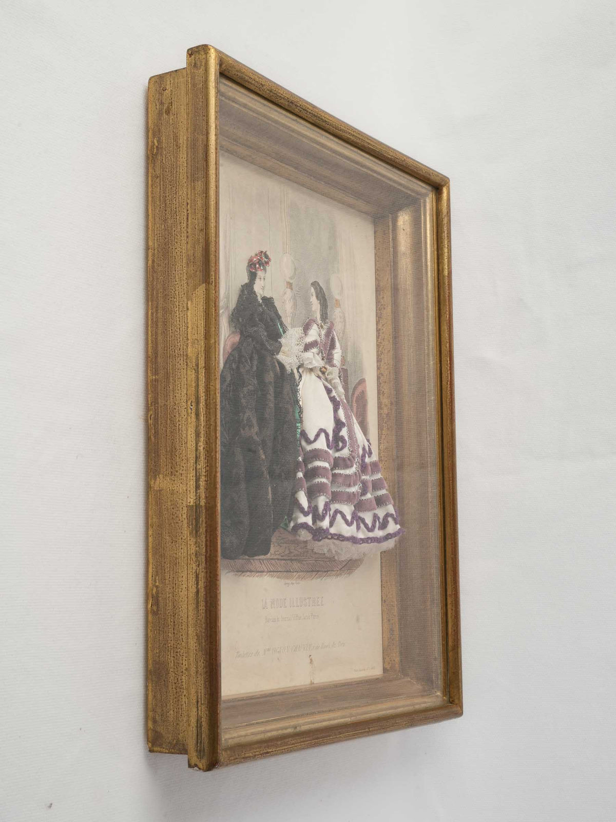 Late 19th-Century French Dressed Fashion Engraving of Two Ladies in Black and Mauve, La Mode Illustrée - 16¼" x 12¼"