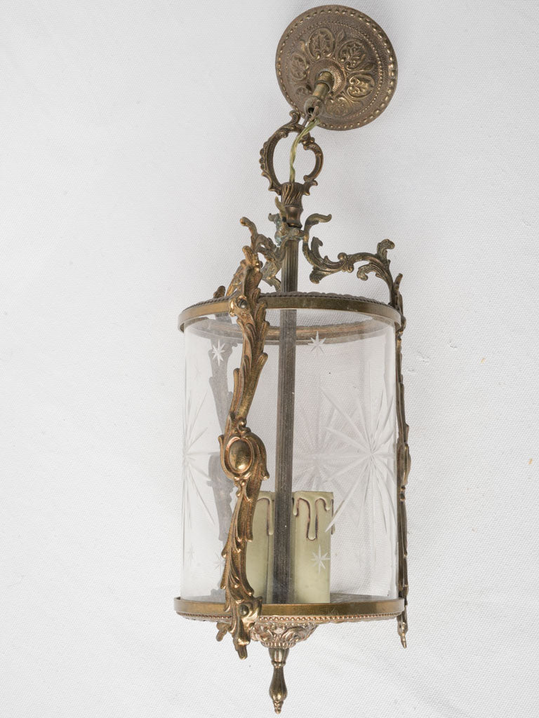 An Ornate Small French Cylindrical Gilt Bronze Hanging Lantern w/ Star Engraved Glass Early 20th Century - 16¼"