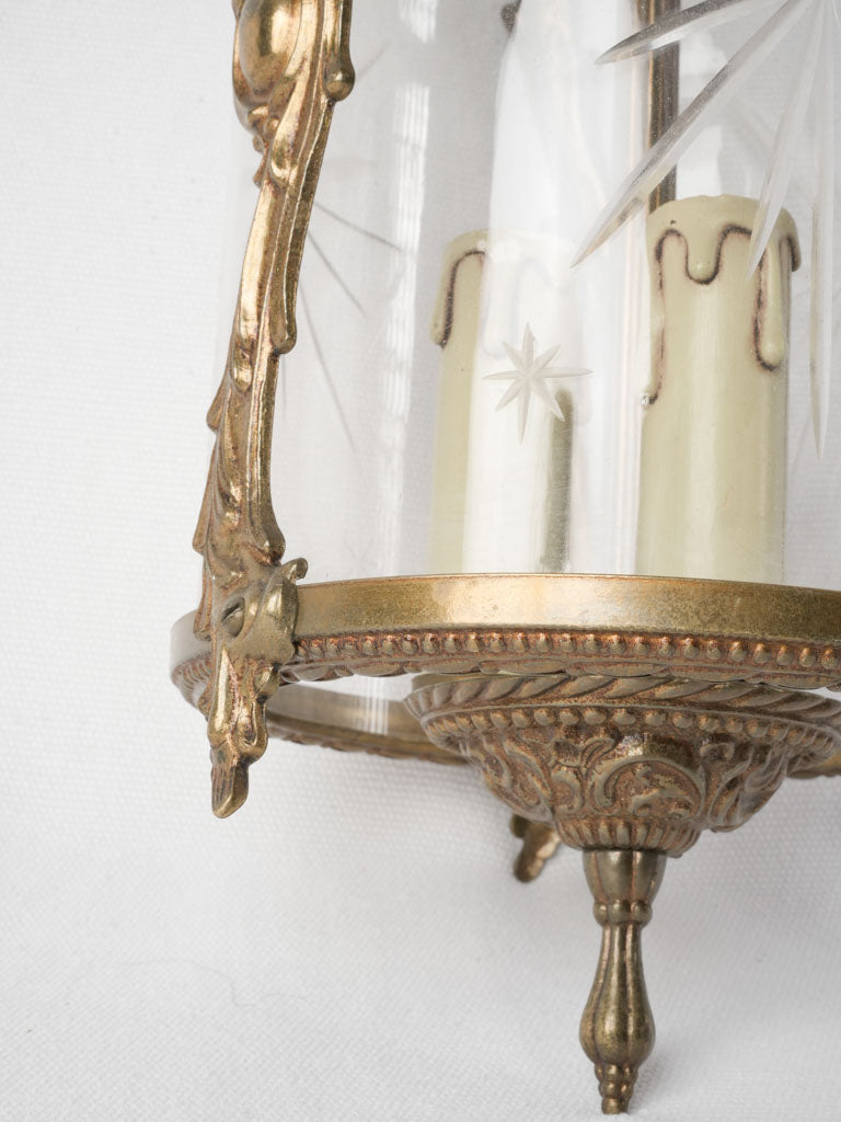 An Ornate Small French Cylindrical Gilt Bronze Hanging Lantern w/ Star Engraved Glass Early 20th Century - 16¼"
