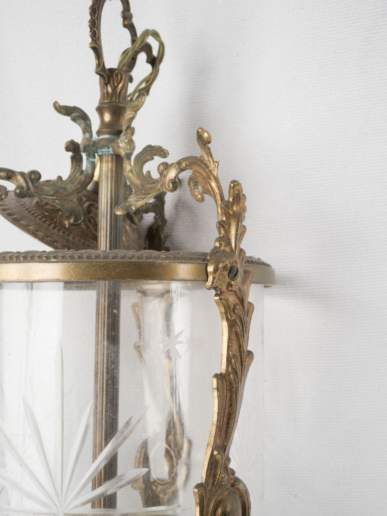 An Ornate Small French Cylindrical Gilt Bronze Hanging Lantern w/ Star Engraved Glass Early 20th Century - 16¼"