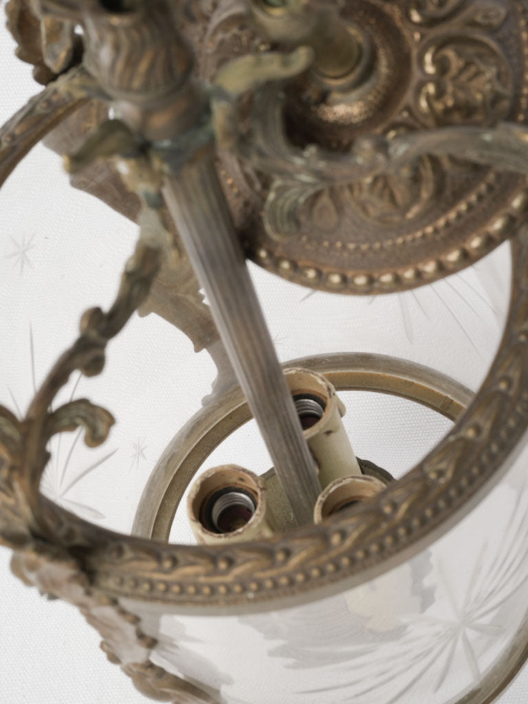 An Ornate Small French Cylindrical Gilt Bronze Hanging Lantern w/ Star Engraved Glass Early 20th Century - 16¼"