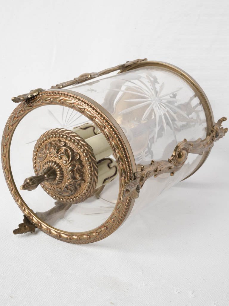 An Ornate Small French Cylindrical Gilt Bronze Hanging Lantern w/ Star Engraved Glass Early 20th Century - 16¼"