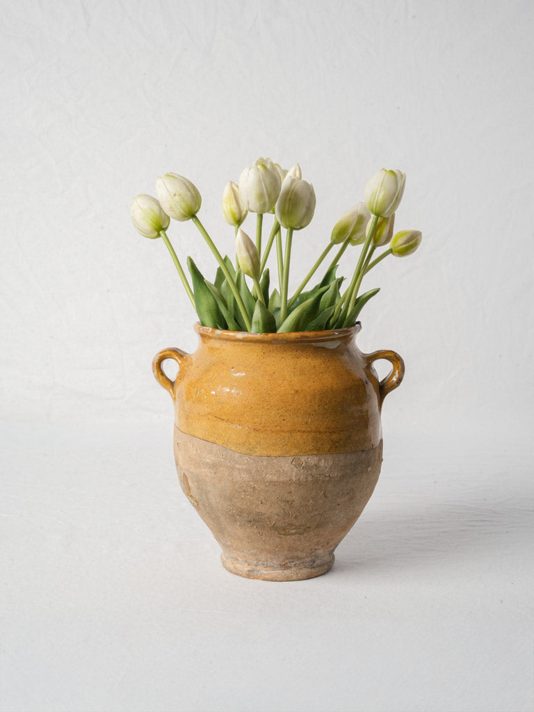 Small French Yellow-Glazed Terracotta Confit Pot w/ Kiln Drip - 9¾"