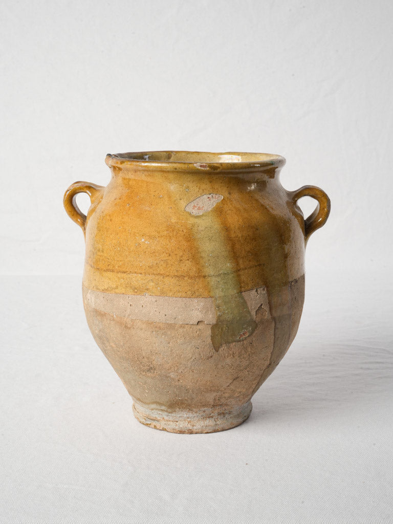 Small French Yellow-Glazed Terracotta Confit Pot w/ Kiln Drip - 9¾"
