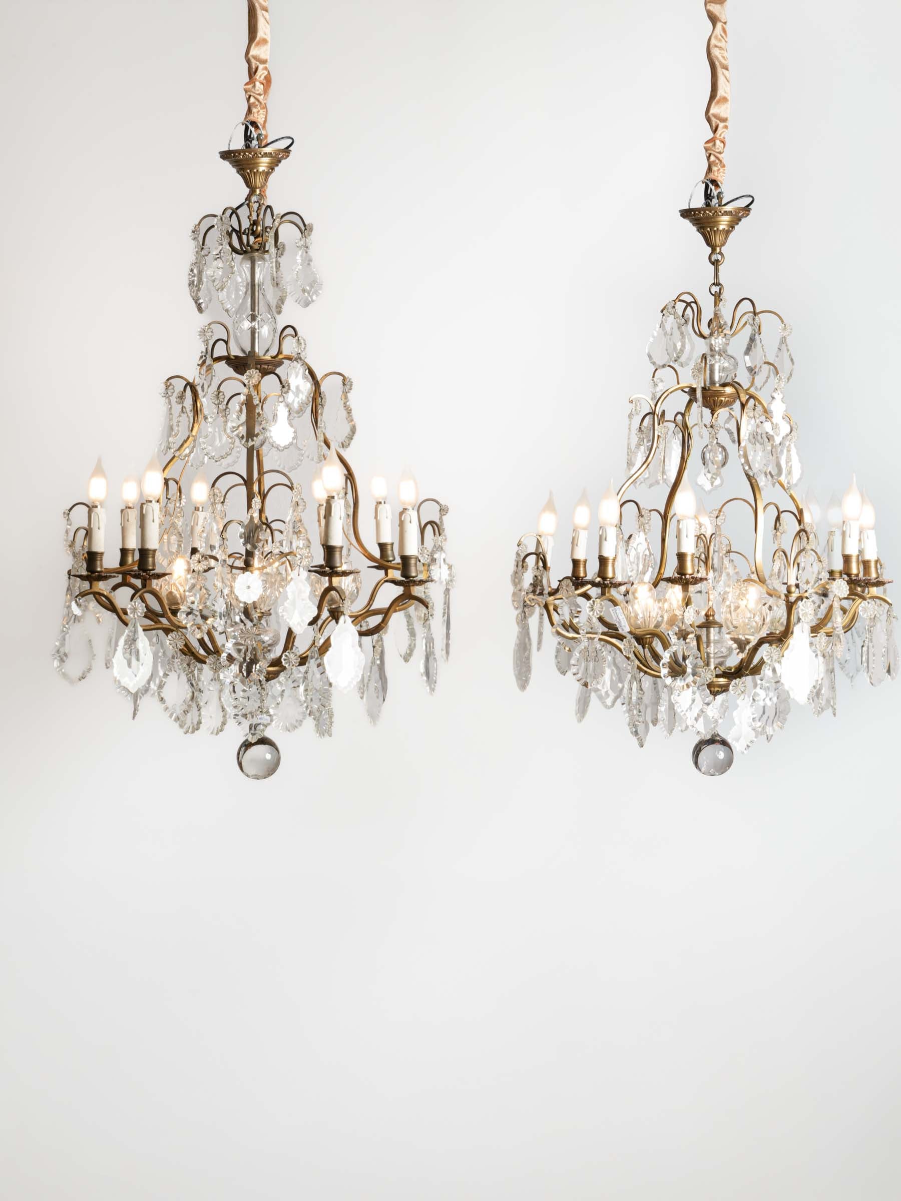 Near Pair of French Gilt Bronze and Cut Crystal Cage Chandeliers, c. 1950 - 46½"