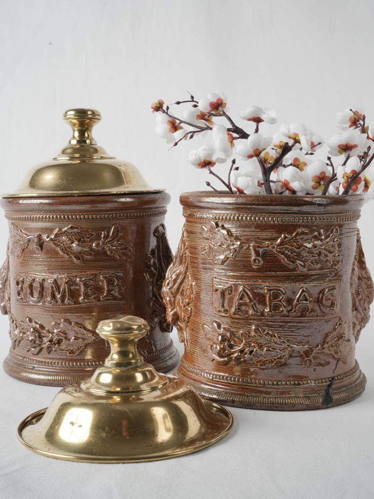 tobacco pots 19th-century French pair of brown stoneware tobacco jars w/ brass lids 8