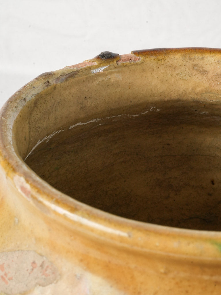 Small French Yellow-Glazed Terracotta Confit Pot w/ Kiln Drip - 9¾"