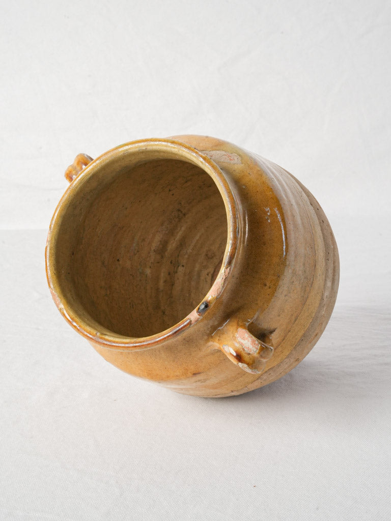 Small French Yellow-Glazed Terracotta Confit Pot w/ Kiln Drip - 9¾"