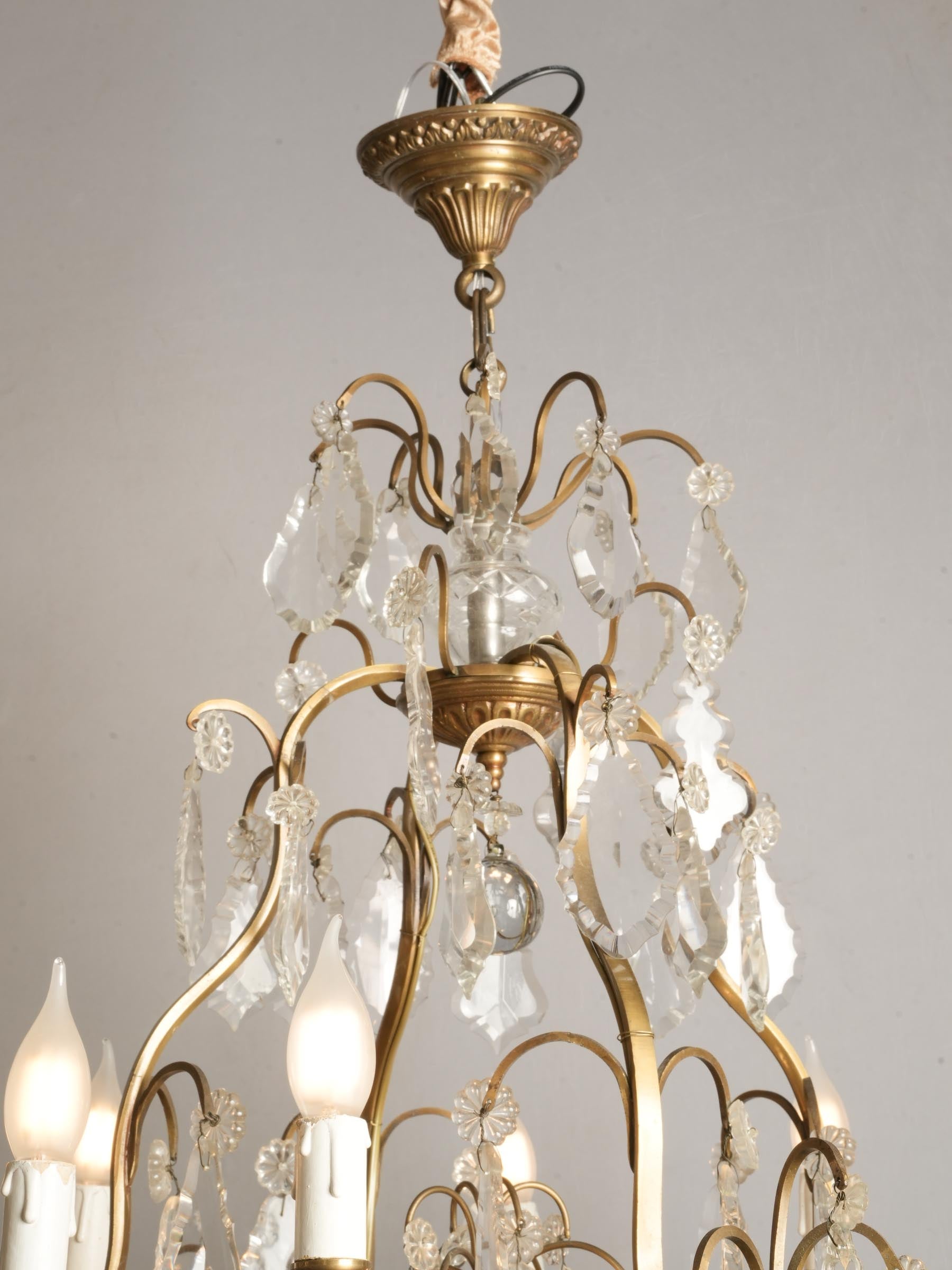 Near Pair of French Gilt Bronze and Cut Crystal Cage Chandeliers, c. 1950 - 46½"