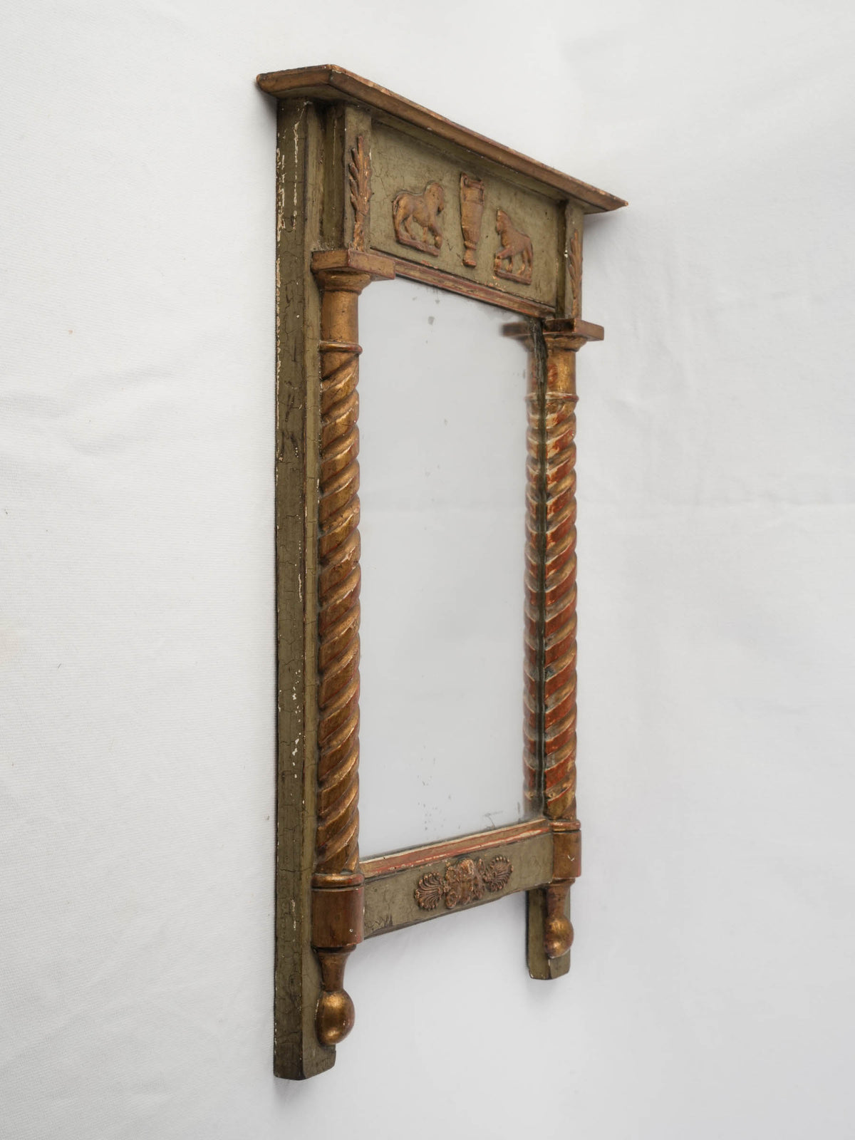 Petite French Neoclassical Mirror in Olive-Green Paint and Giltwood - 23¾" x 17"