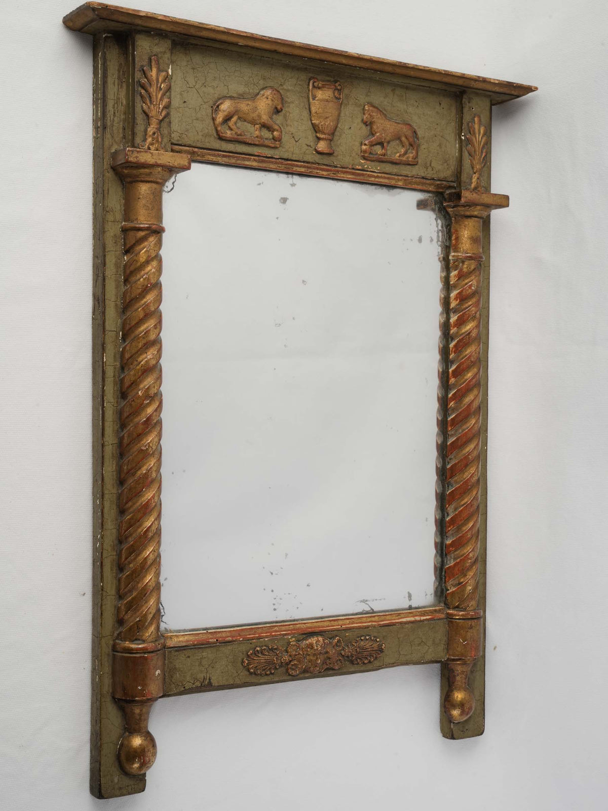 Petite French Neoclassical Mirror in Olive-Green Paint and Giltwood - 23¾" x 17"