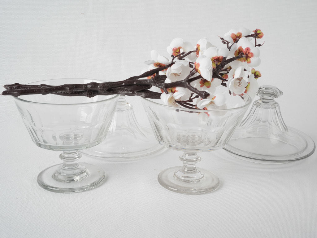 Antique, footed, Lalique-style glass jars