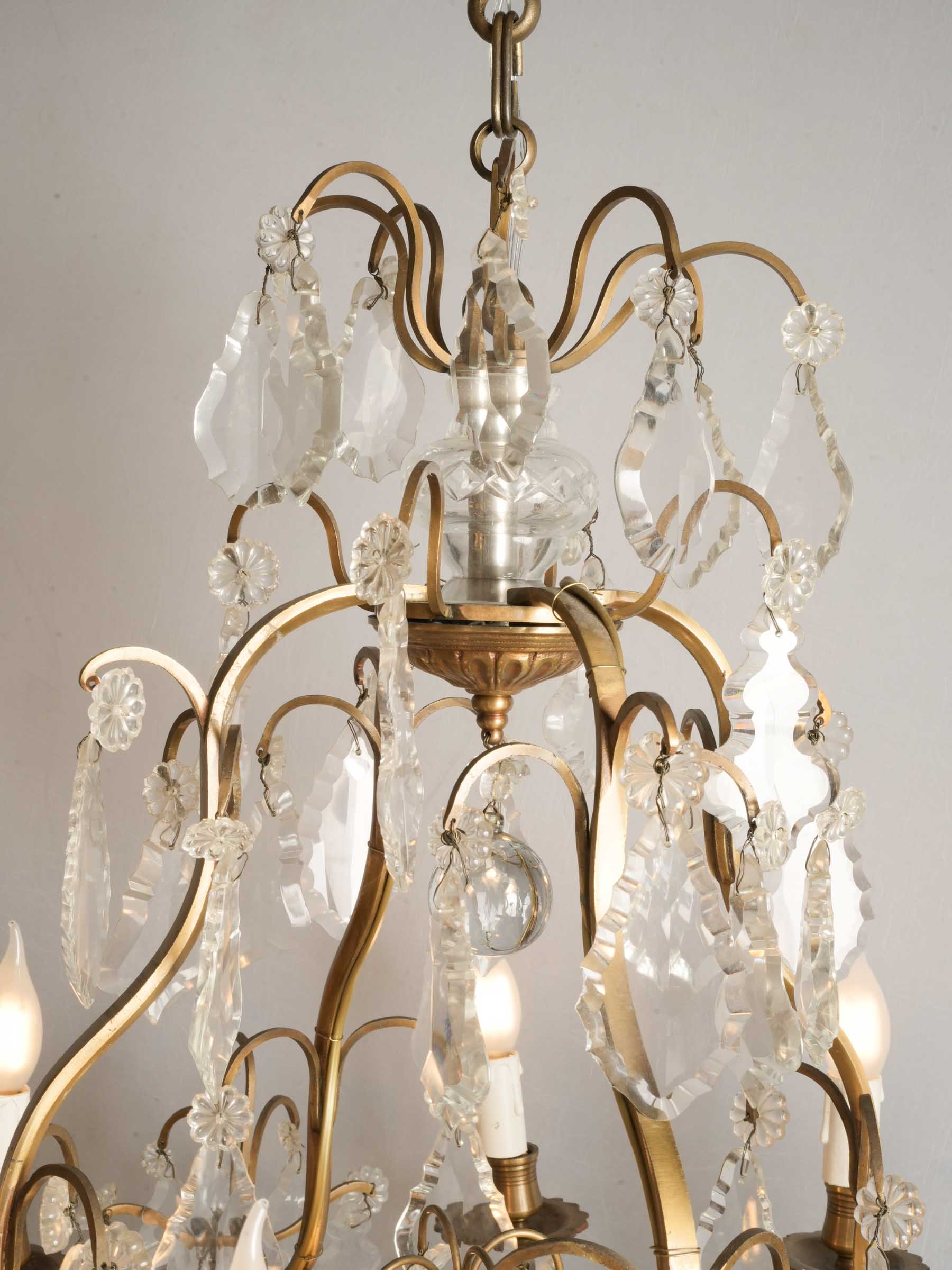 Near Pair of French Gilt Bronze and Cut Crystal Cage Chandeliers, c. 1950 - 46½"