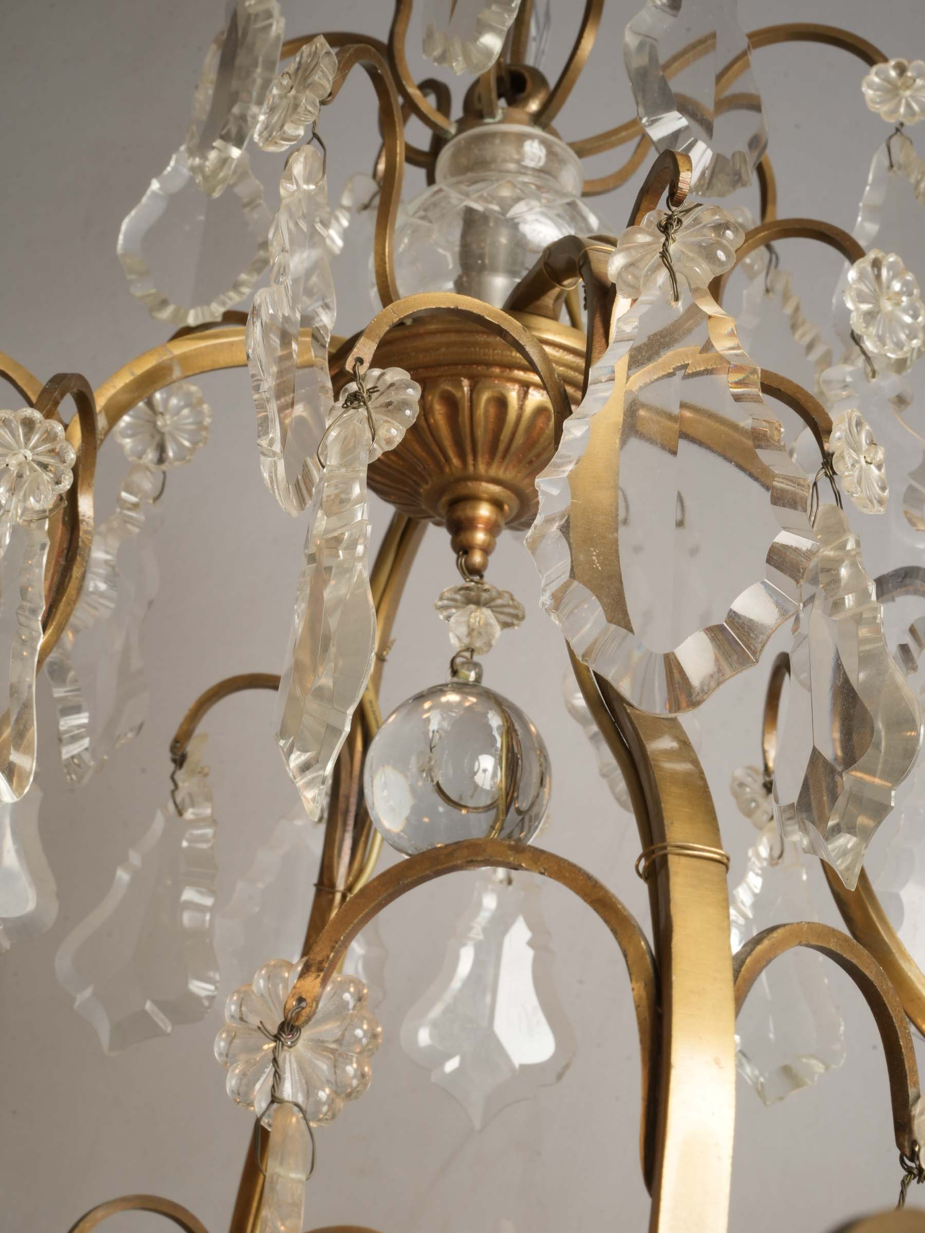 Near Pair of French Gilt Bronze and Cut Crystal Cage Chandeliers, c. 1950 - 46½"
