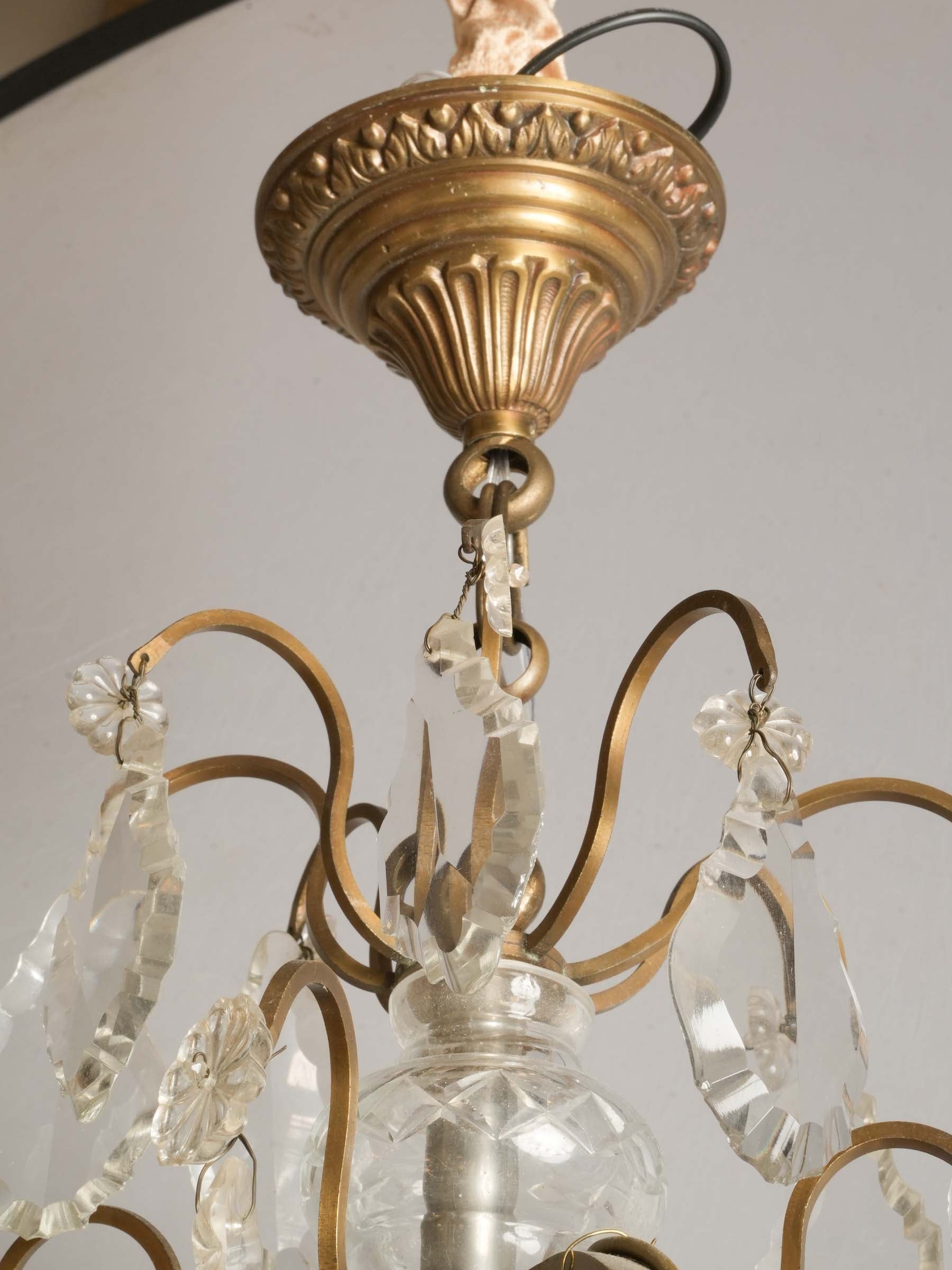Near Pair of French Gilt Bronze and Cut Crystal Cage Chandeliers, c. 1950 - 46½"