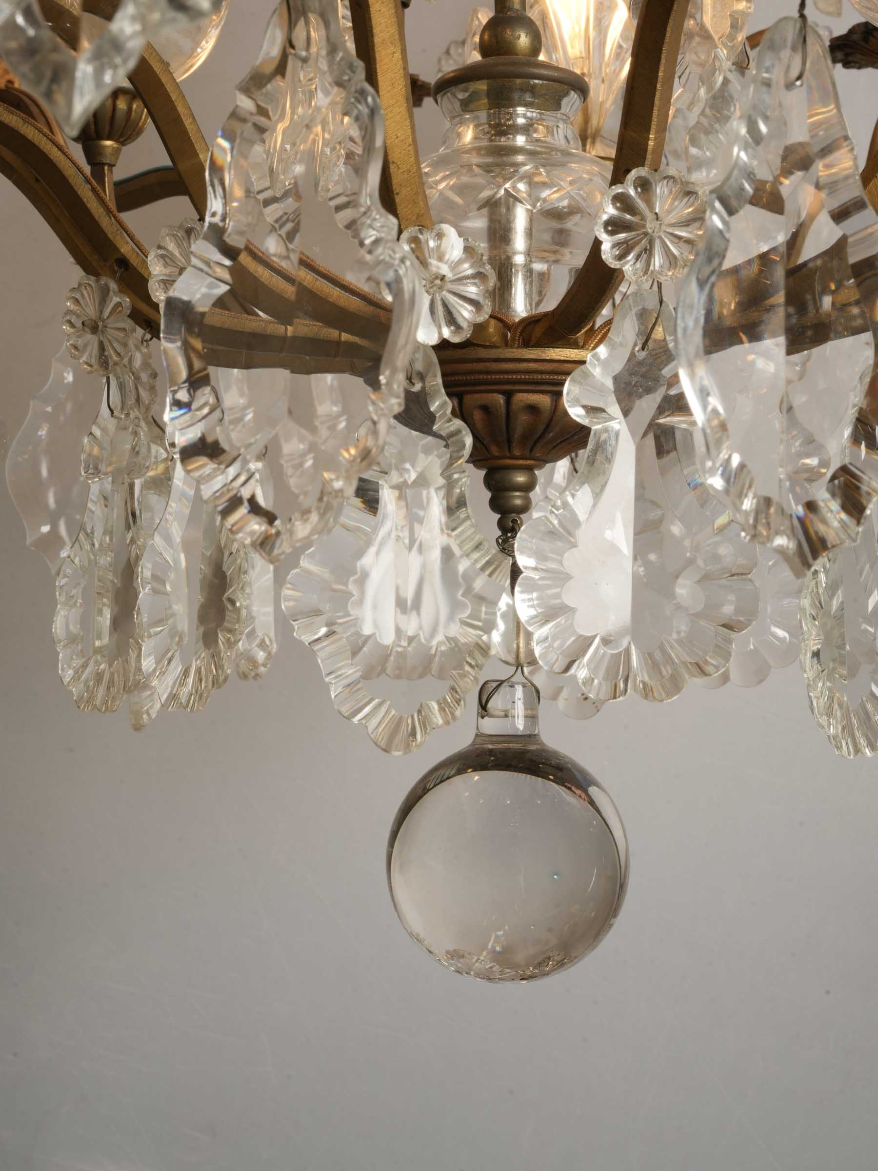 Near Pair of French Gilt Bronze and Cut Crystal Cage Chandeliers, c. 1950 - 46½"