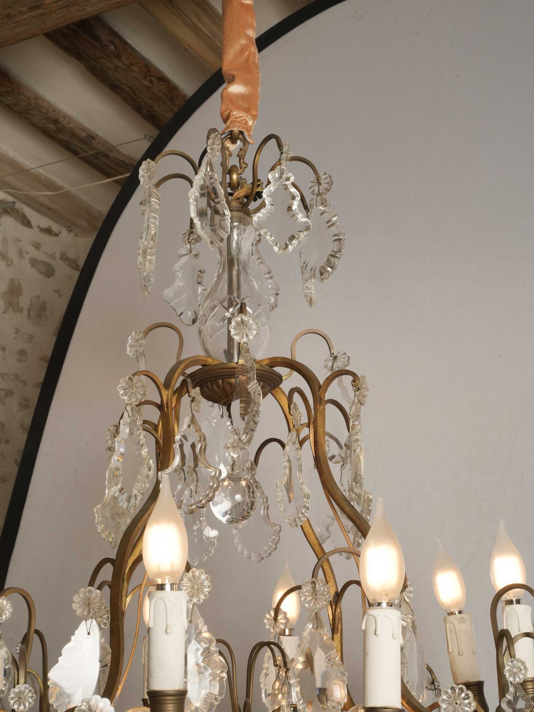 Near Pair of French Gilt Bronze and Cut Crystal Cage Chandeliers, c. 1950 - 46½"