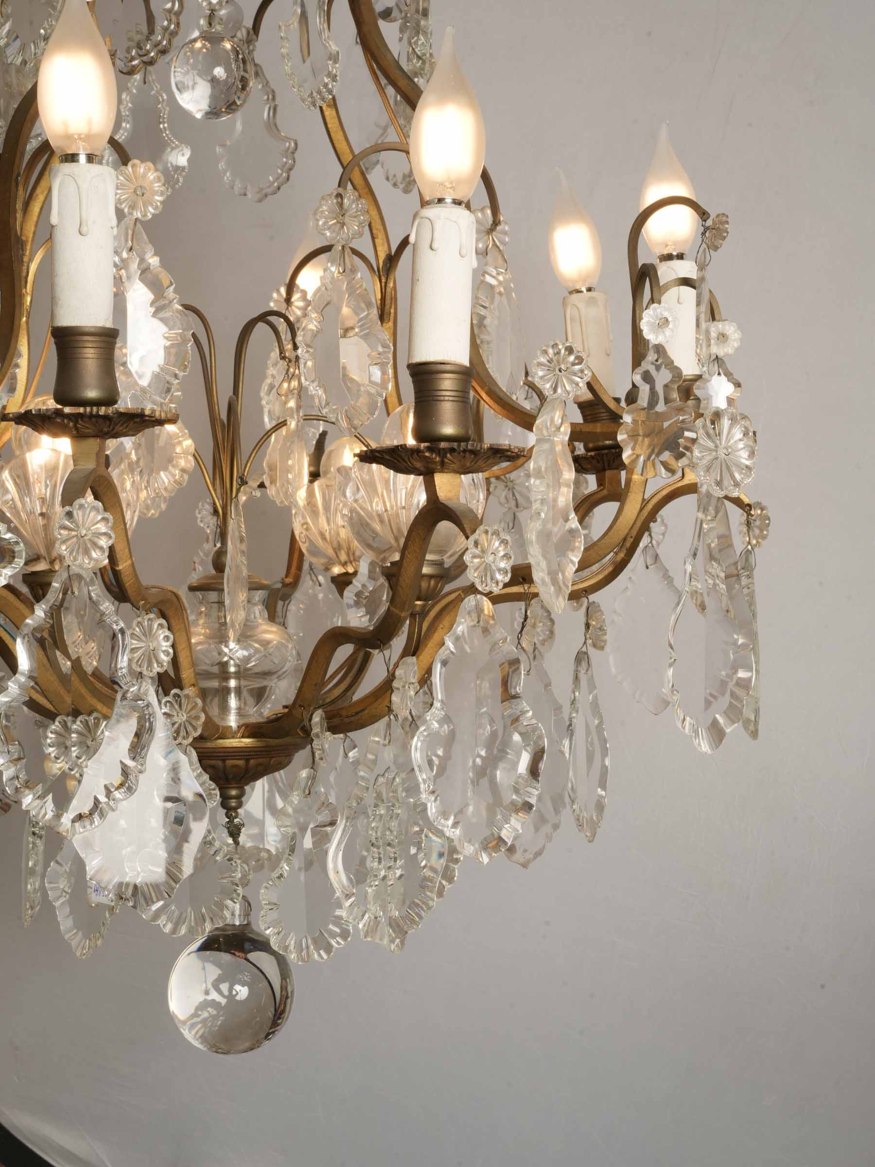 Near Pair of French Gilt Bronze and Cut Crystal Cage Chandeliers, c. 1950 - 46½"