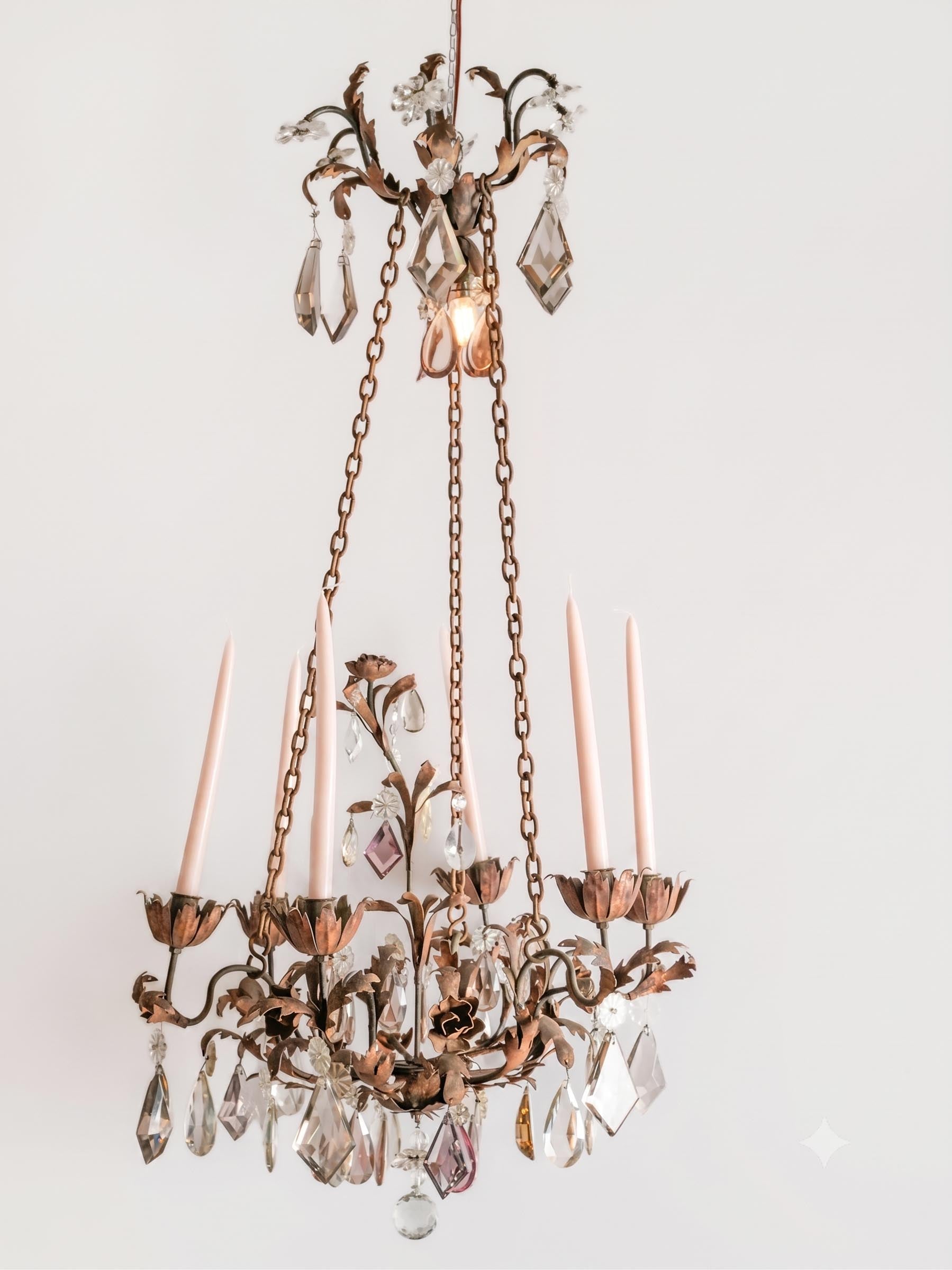 Antique French Gilt Tôle Candle Chandelier with Colored Crystal Pendants, Late 18th Century - 52"