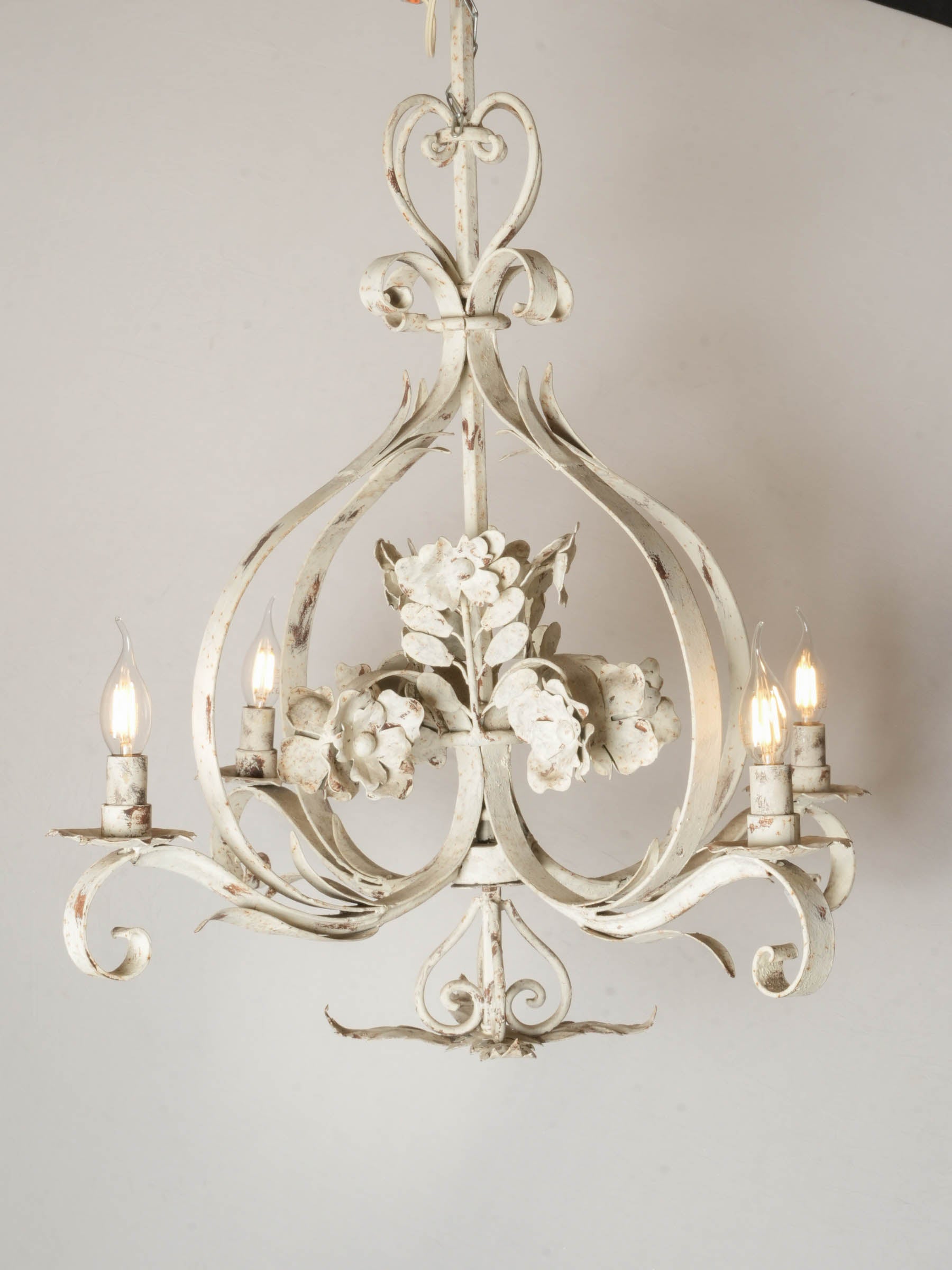 Graceful French Four-Light Chandelier w/ Floral Bouquet in Painted Iron, c. 1900 35¾"