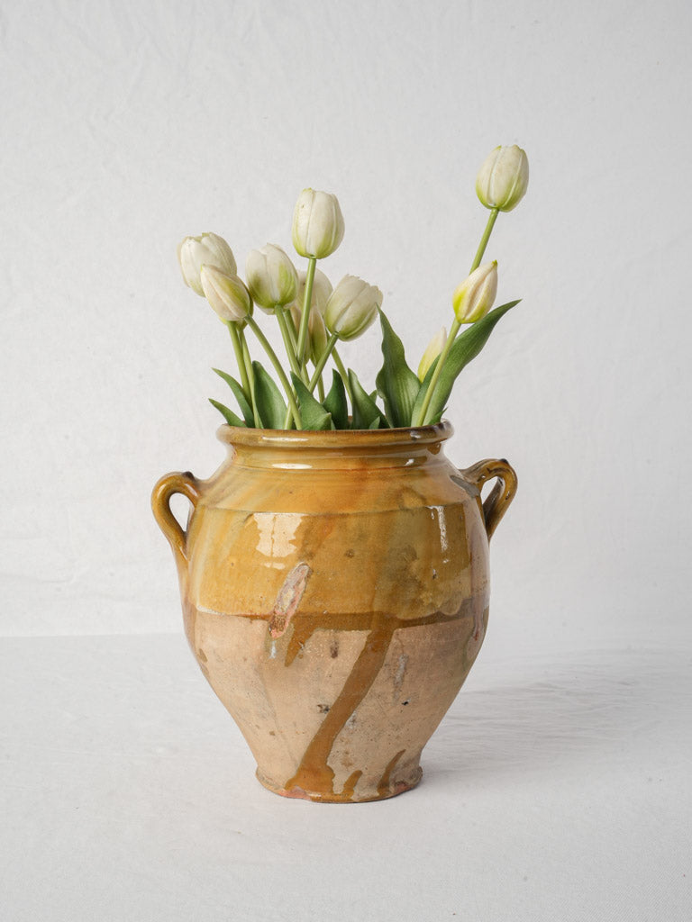 Antique French Confit Pot w/ Ochre Glaze and Kiln Drips - 10¼"