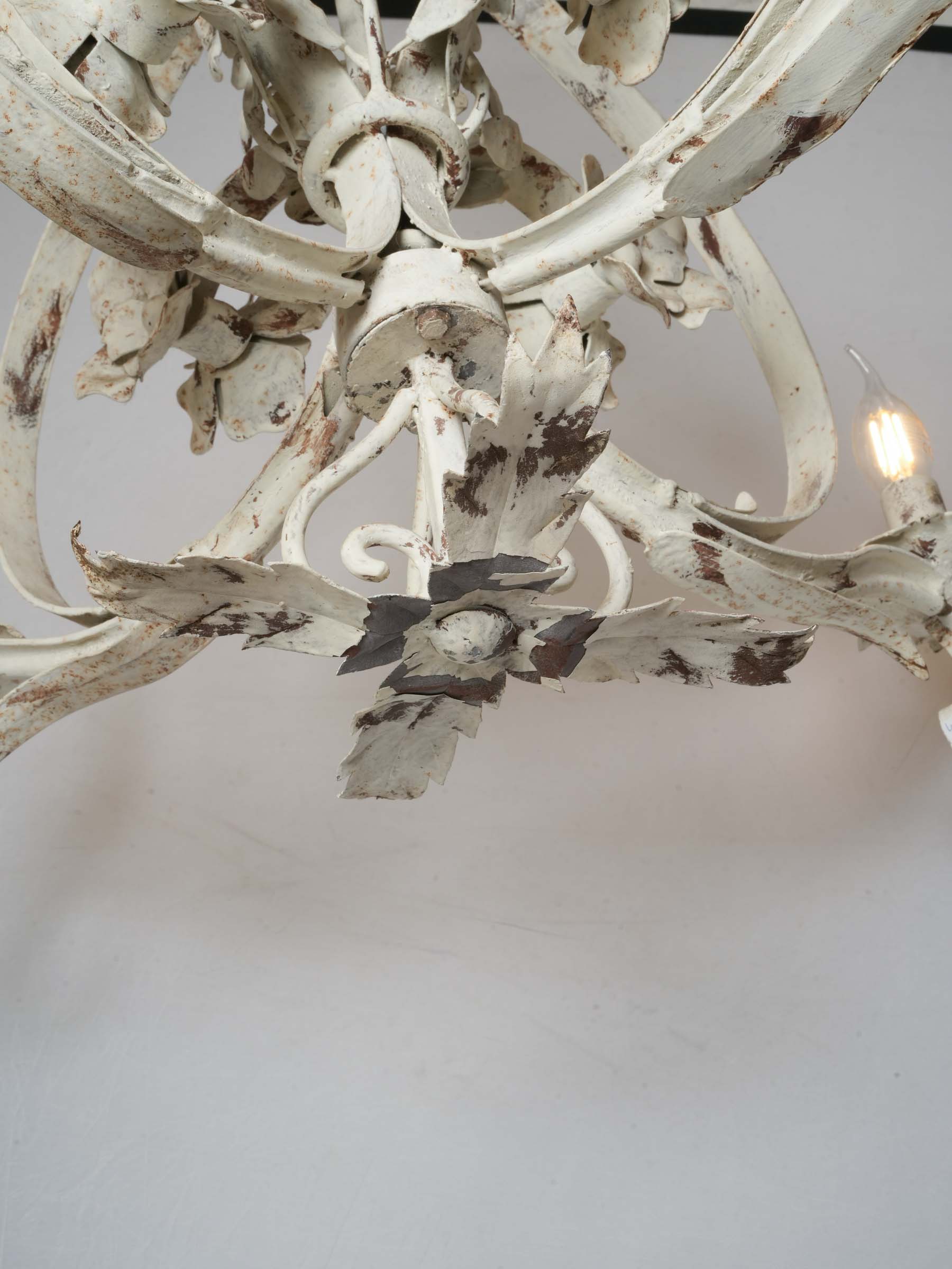 Graceful French Four-Light Chandelier w/ Floral Bouquet in Painted Iron, c. 1900 35¾"