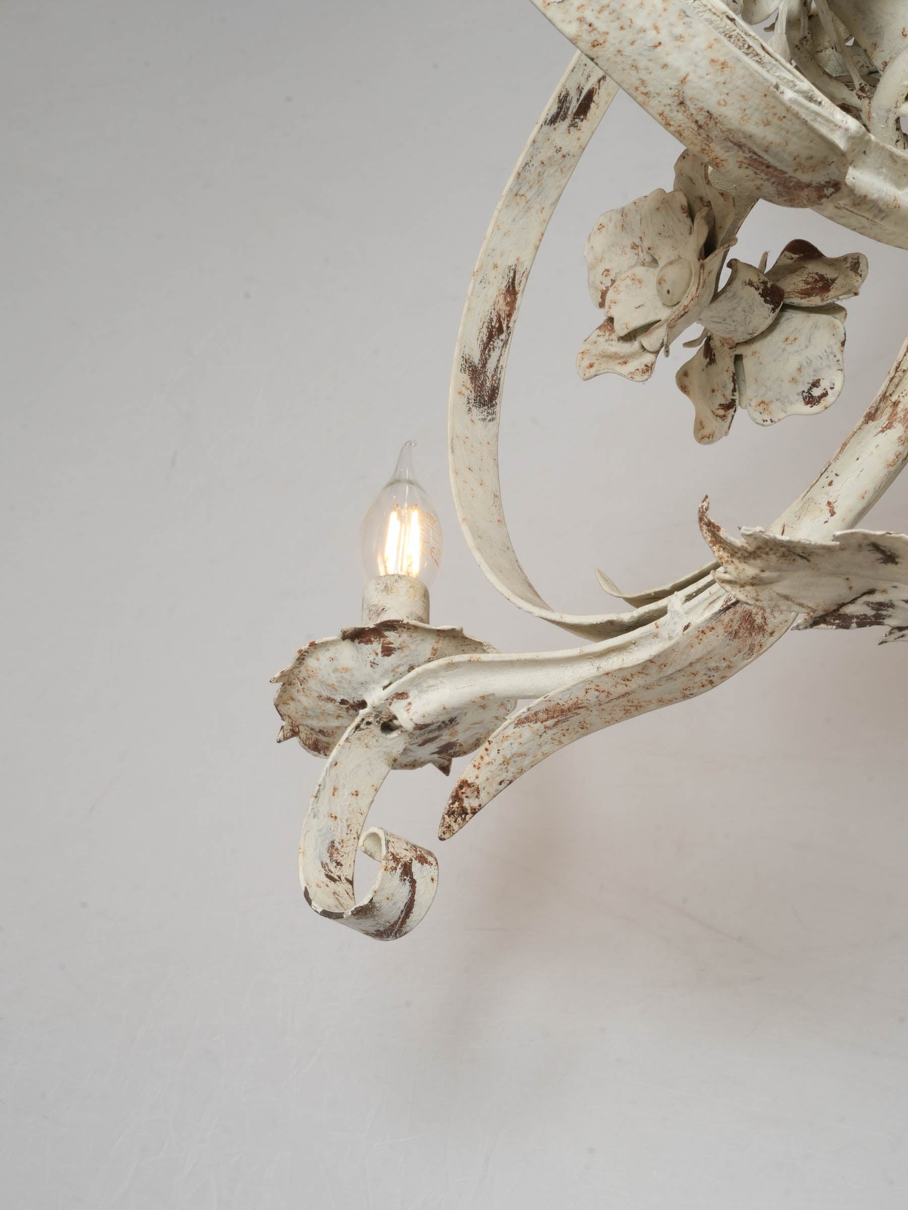 Graceful French Four-Light Chandelier w/ Floral Bouquet in Painted Iron, c. 1900 35¾"