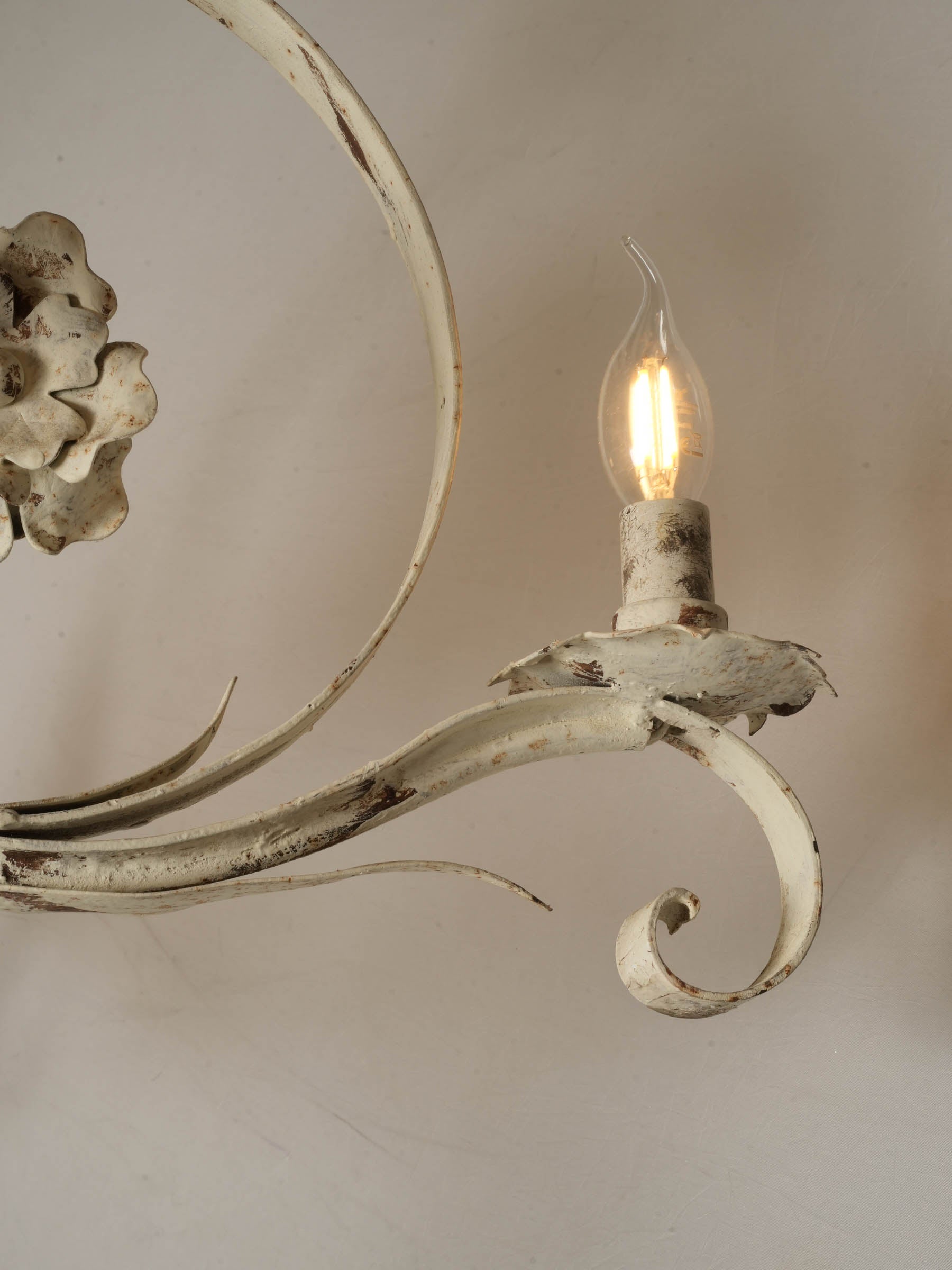 Graceful French Four-Light Chandelier w/ Floral Bouquet in Painted Iron, c. 1900 35¾"
