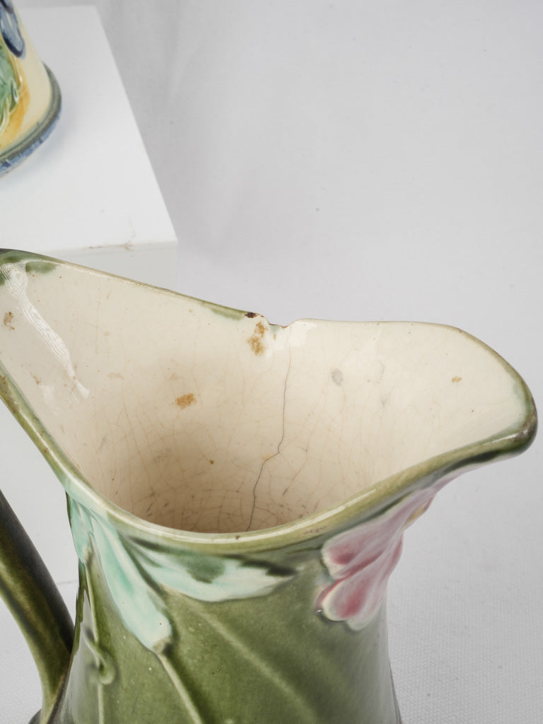 Set of Six Early 20th Century French Art Nouveau Majolica Pitchers