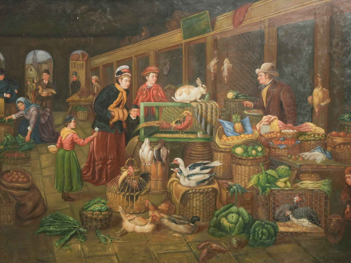 Very Large 20th-Century Framed Market Scene on Canvas, After Henry Charles Bryant - 48" x 59½"