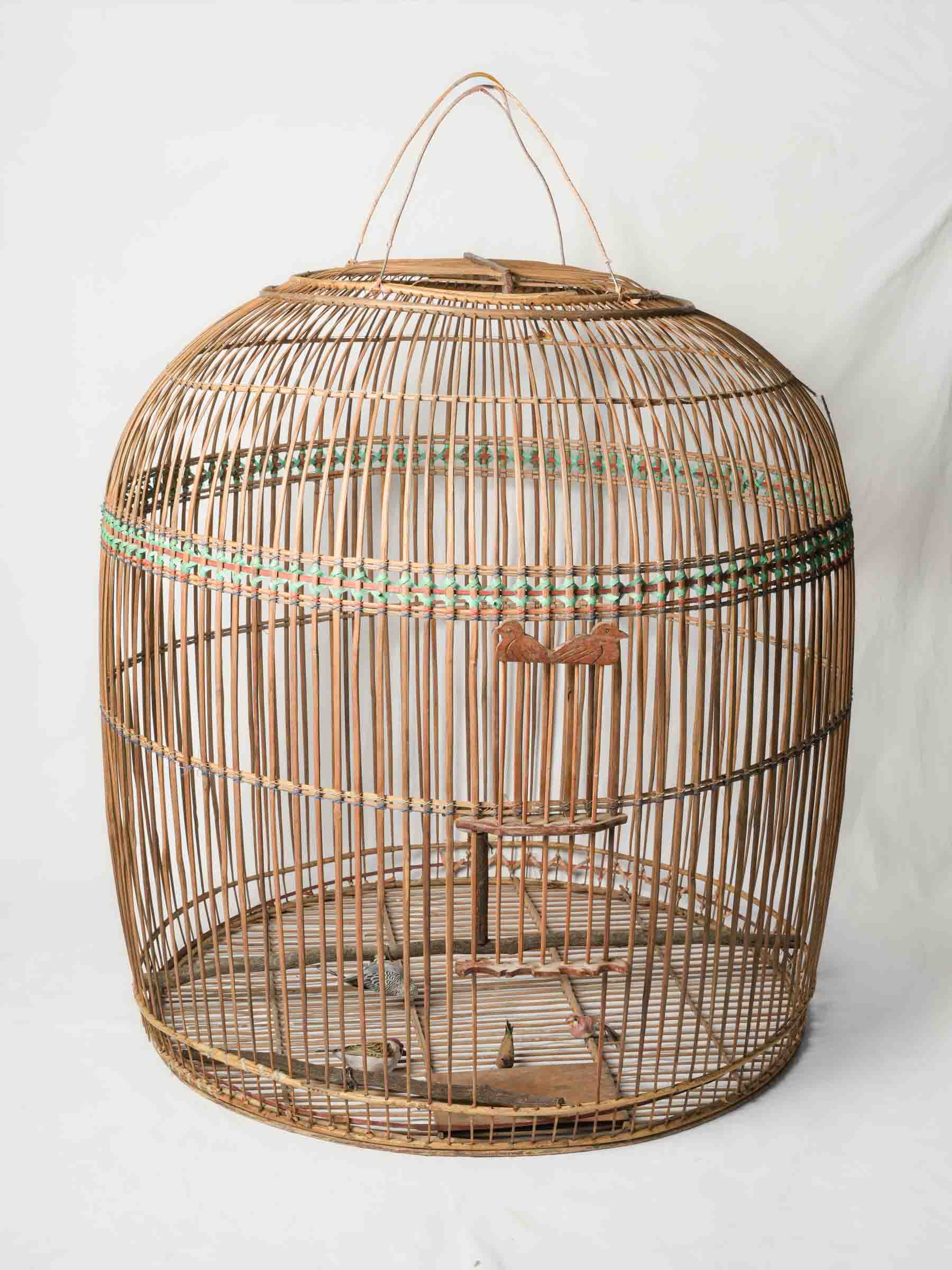 Oversized Natural Cane Hanging Birdcage w/ Pretty Carved Door - 43¼"