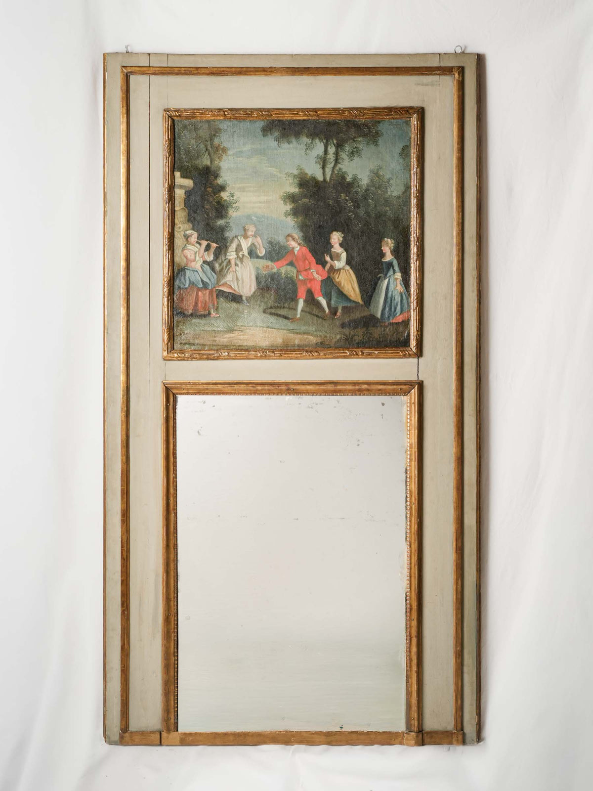 Antique French Trumeau Mirror with a Painted Scene of Children at Play - 71¾" x 40¼"
