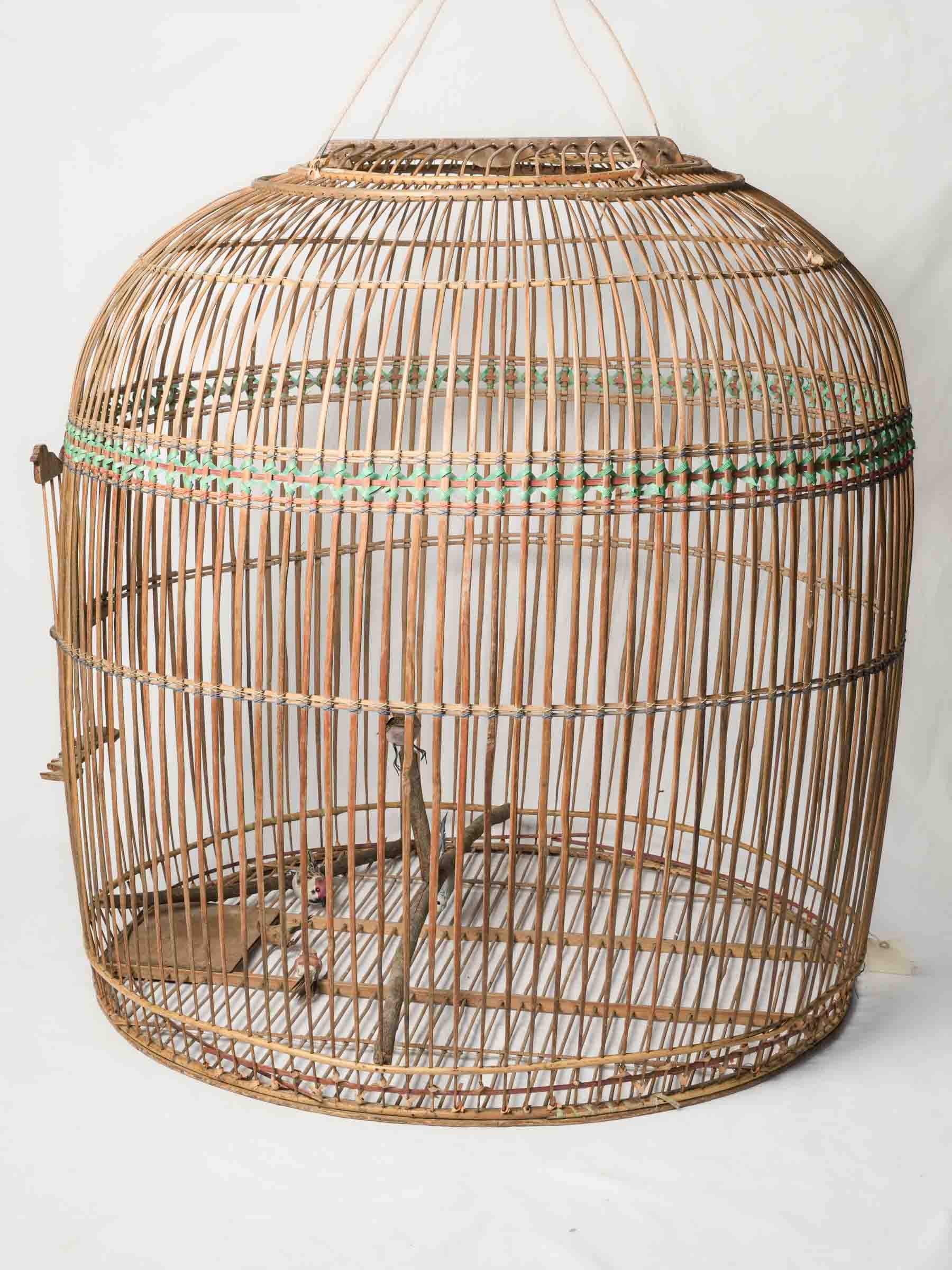 Oversized Natural Cane Hanging Birdcage w/ Pretty Carved Door - 43¼"