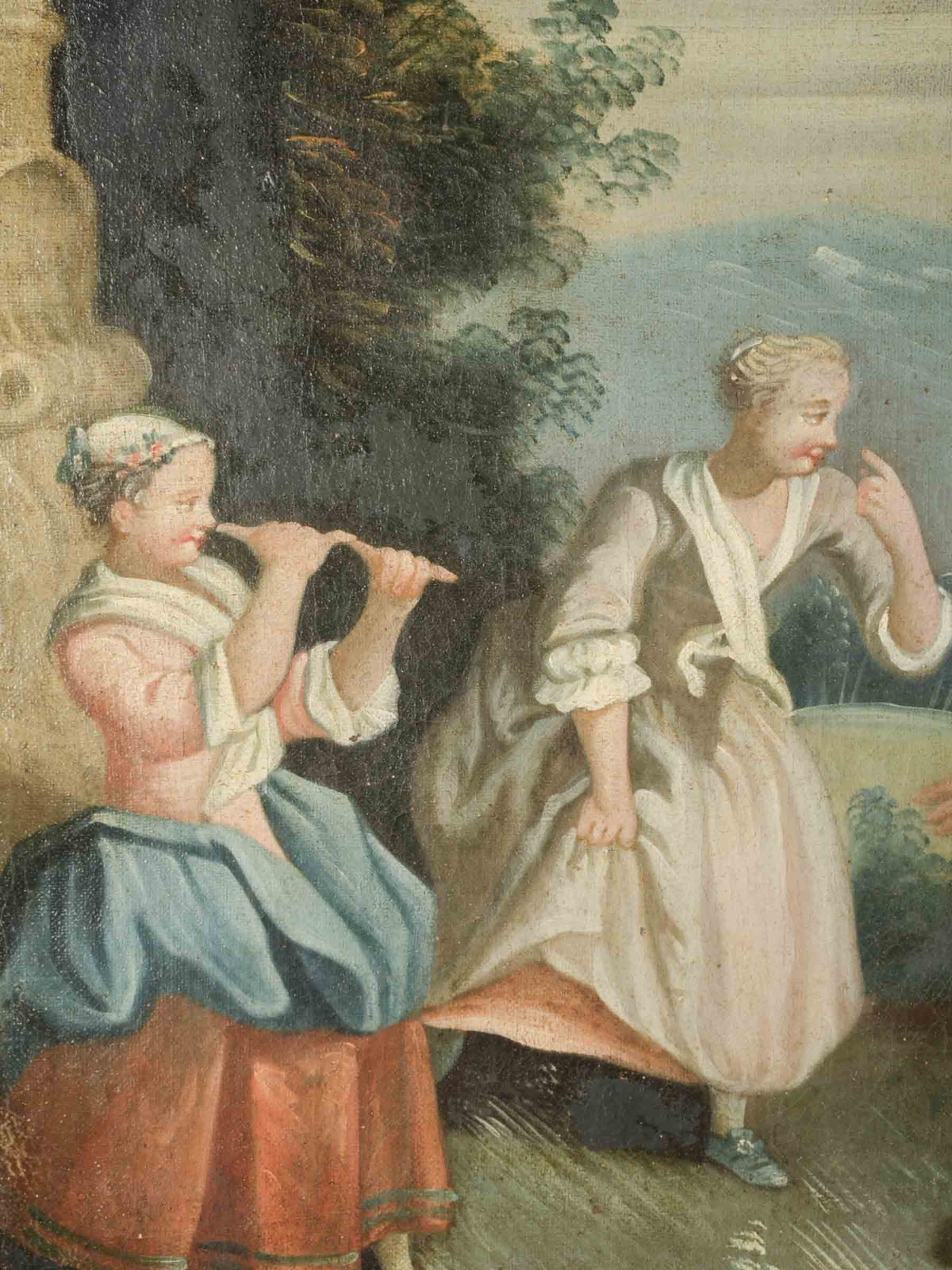 Antique French Trumeau Mirror with a Painted Scene of Children at Play - 71¾" x 40¼"
