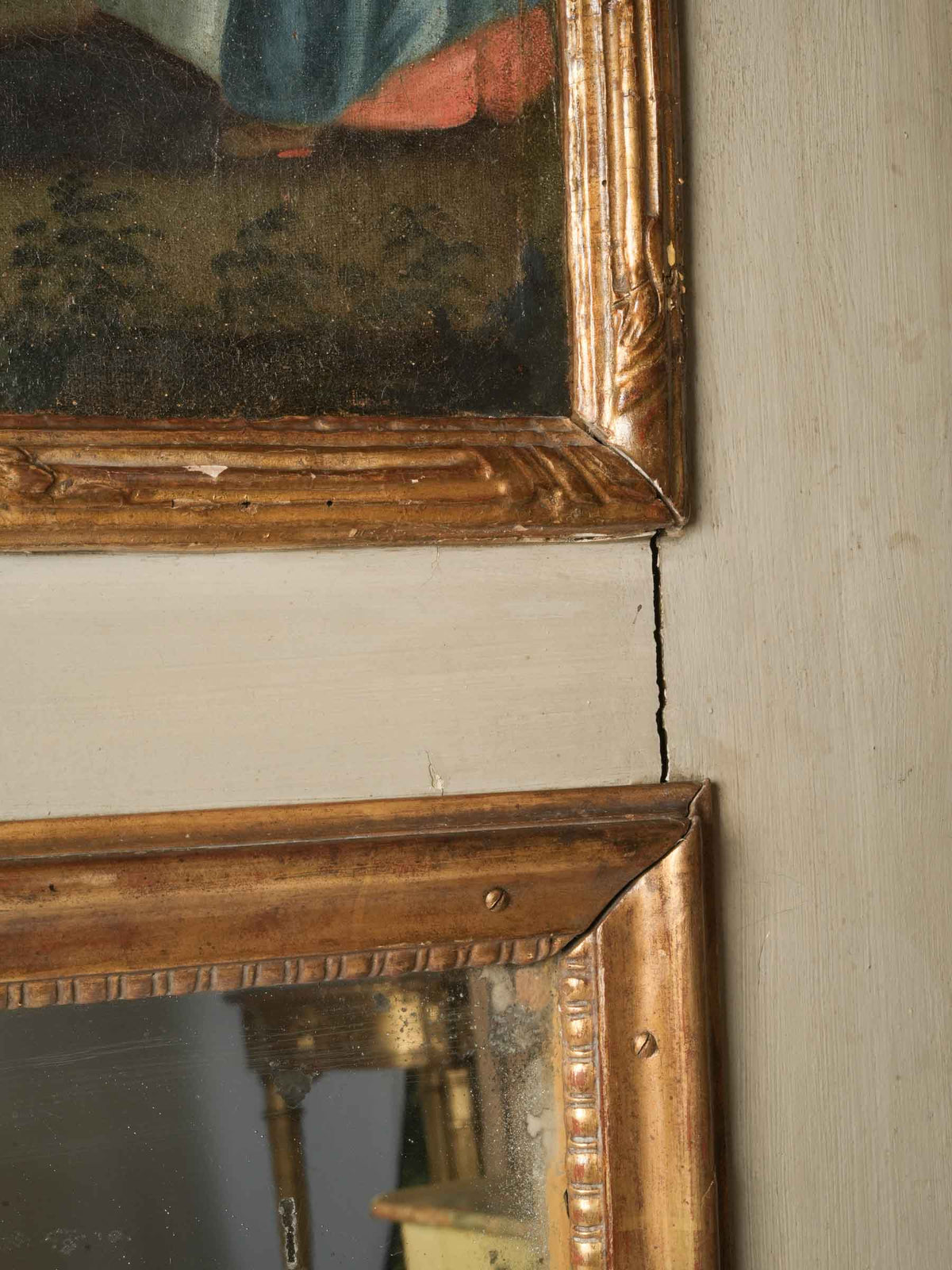 Antique French Trumeau Mirror with a Painted Scene of Children at Play - 71¾" x 40¼"