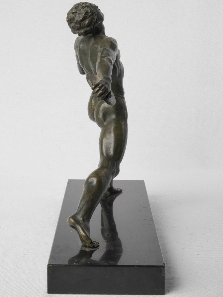 French Art Deco Bronze Discus Thrower on Black Marble Base By Baret - 15¾"