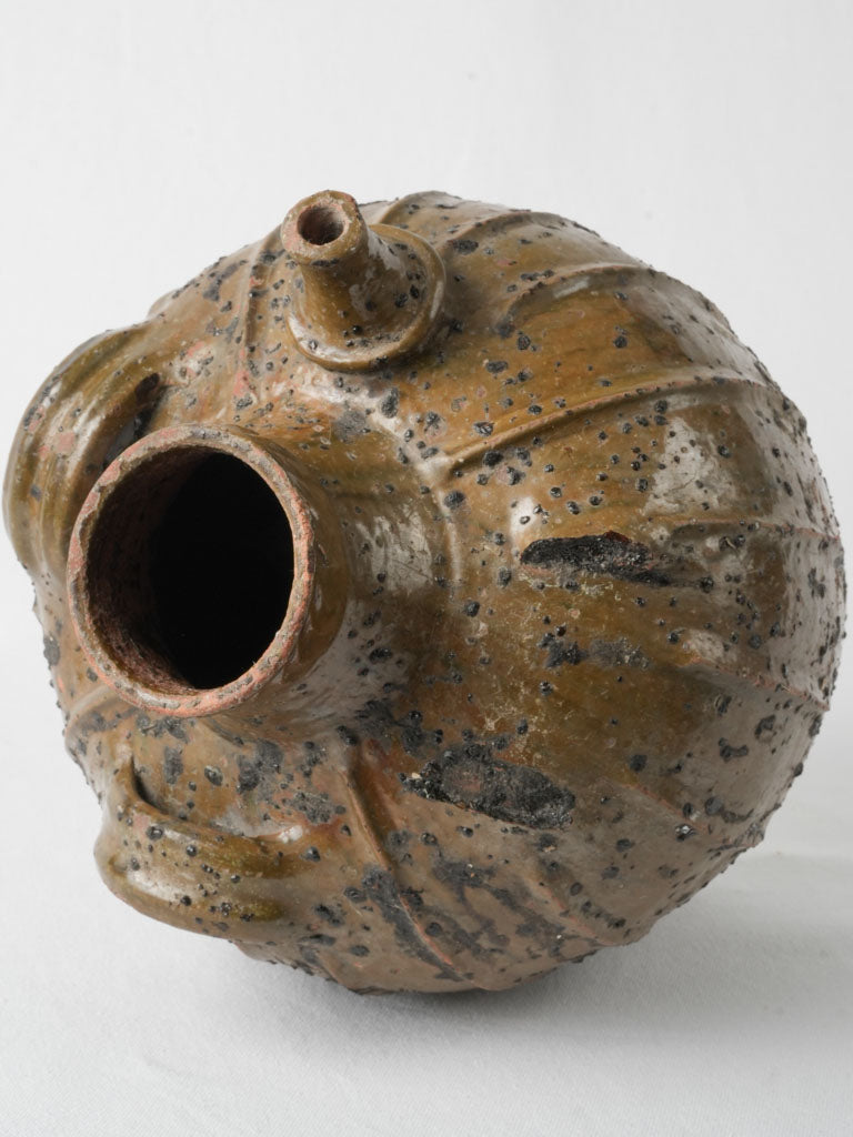 Unique French hand-glazed walnut oil pot