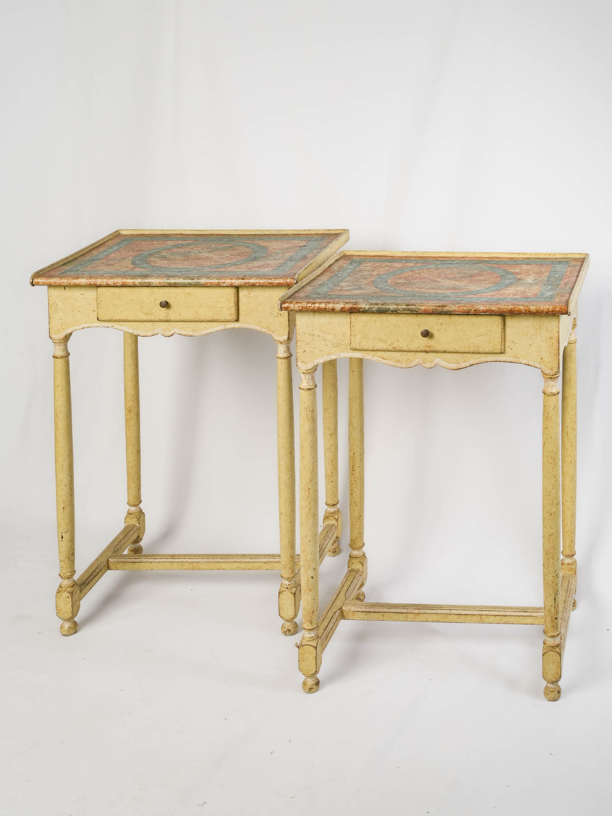 Cheerful Pair of Vintage French Painted Side Tables with Faux-Marble Tops - 27¼" x 19¾"