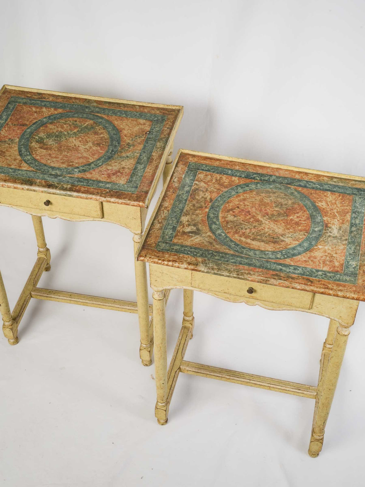 Cheerful Pair of Vintage French Painted Side Tables with Faux-Marble Tops - 27¼" x 19¾"