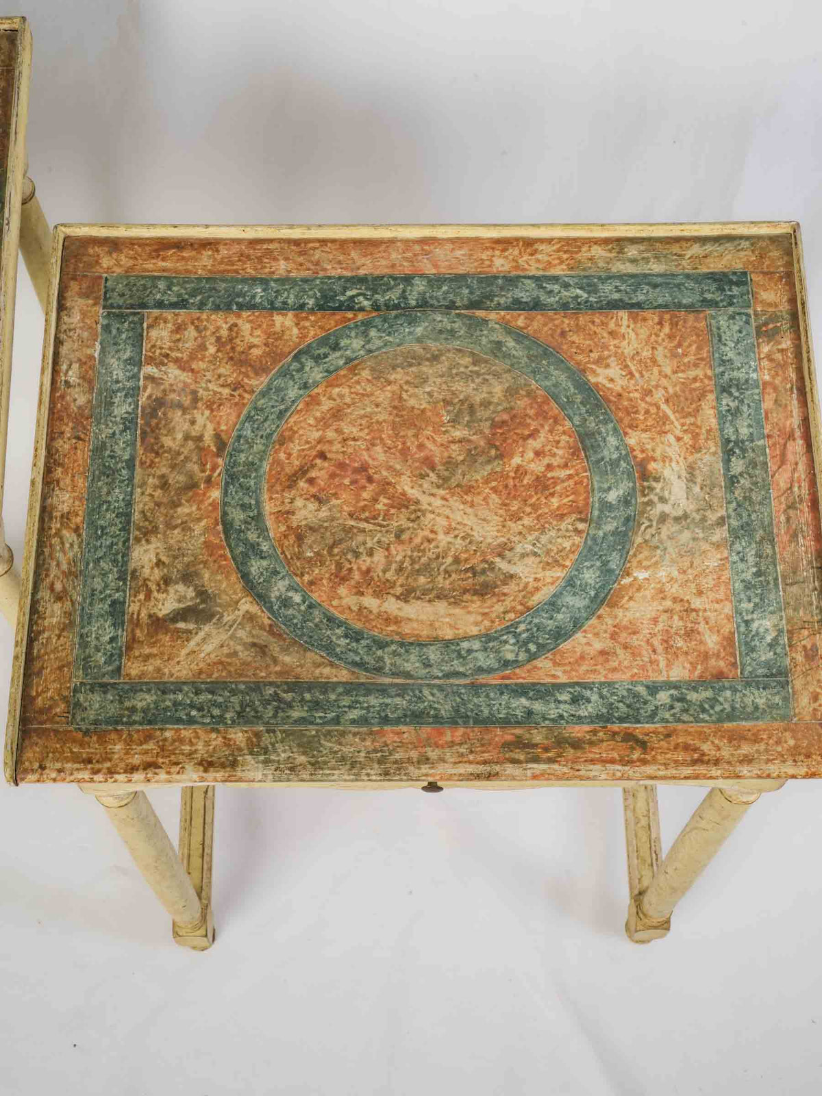Cheerful Pair of Vintage French Painted Side Tables with Faux-Marble Tops - 27¼" x 19¾"