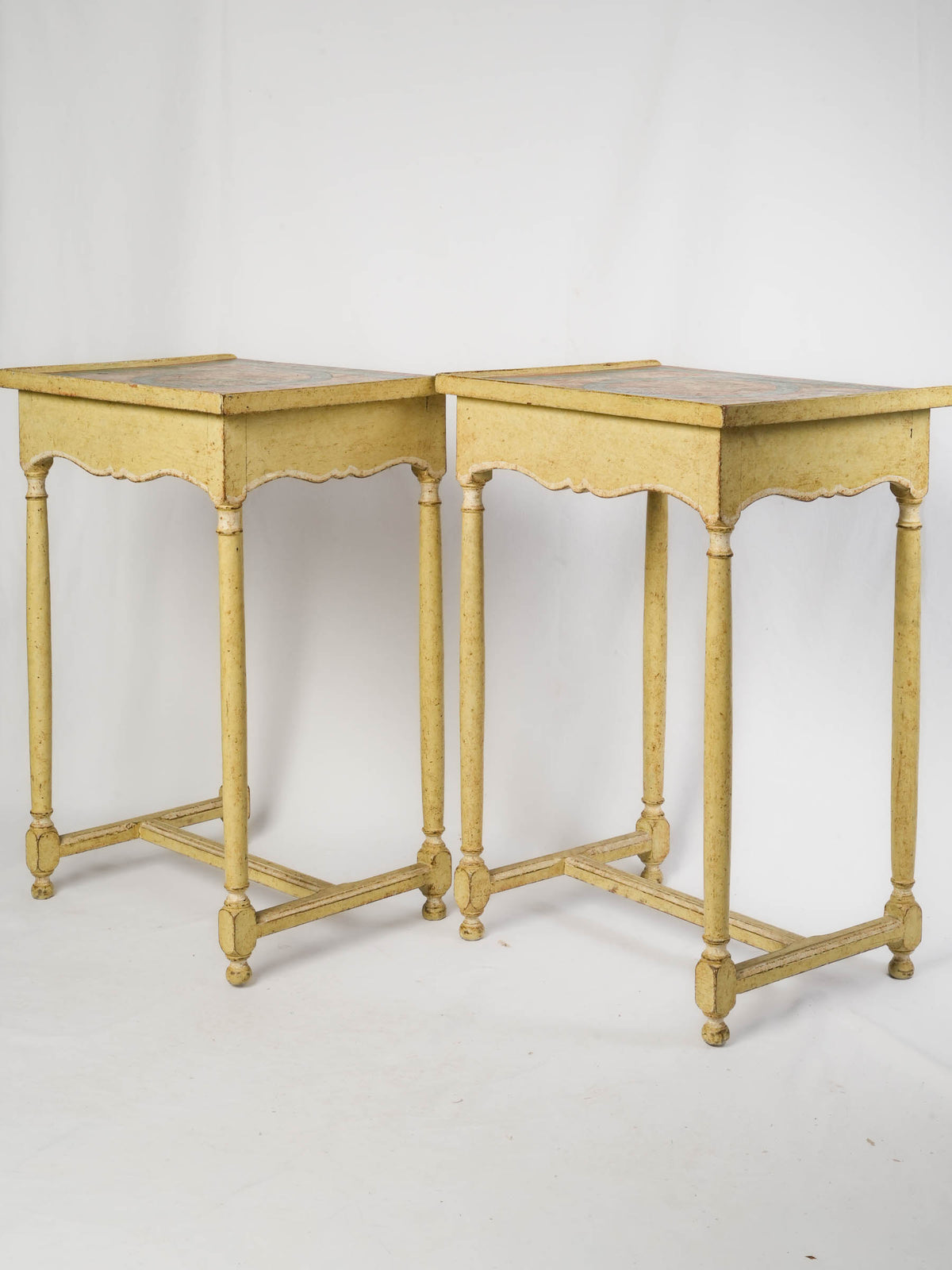 Cheerful Pair of Vintage French Painted Side Tables with Faux-Marble Tops - 27¼" x 19¾"
