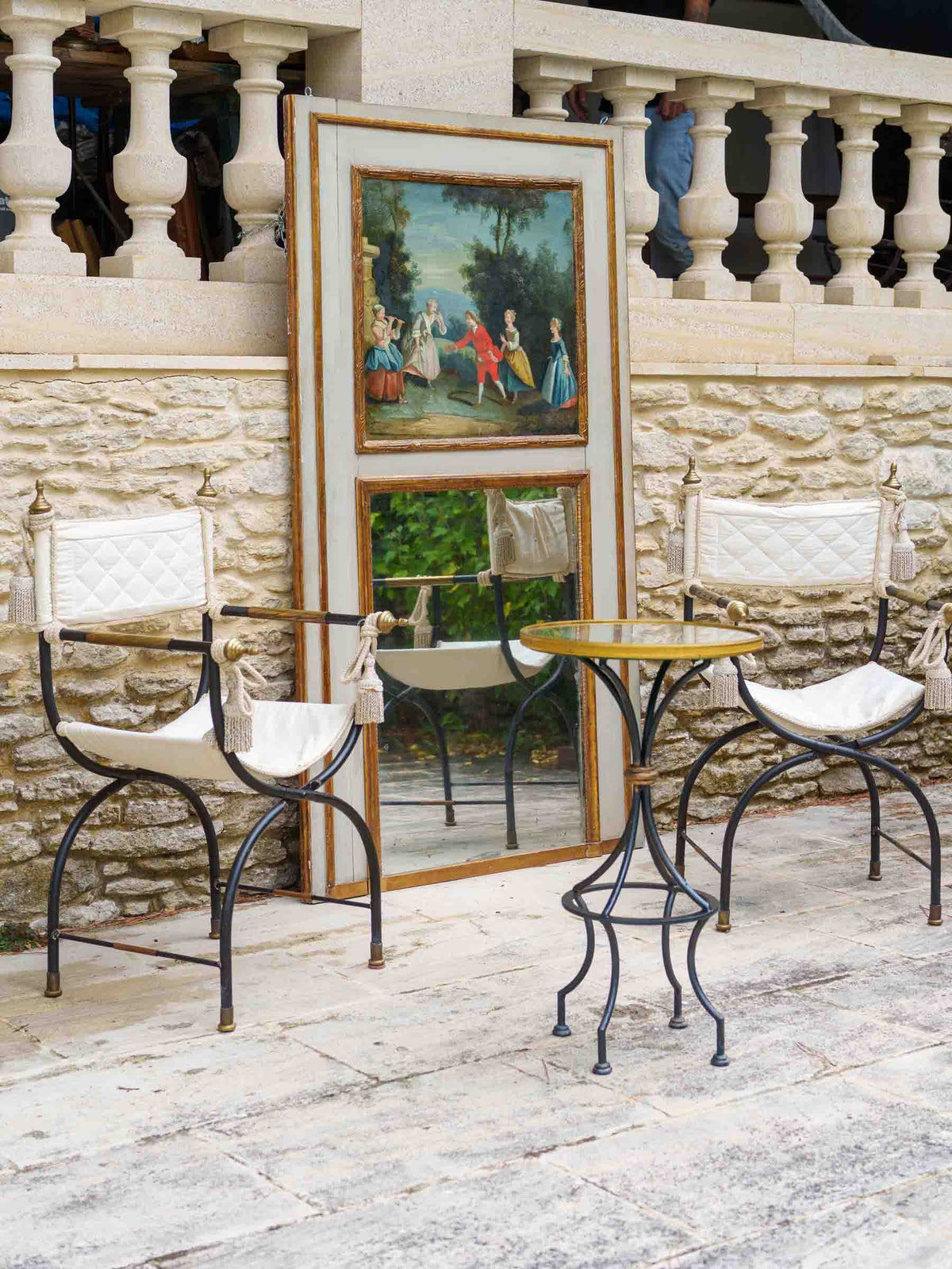 Delightful Petite French Pedestal Table w/ Reverse-Painted Mirrored Glass Top - 30" x 18"