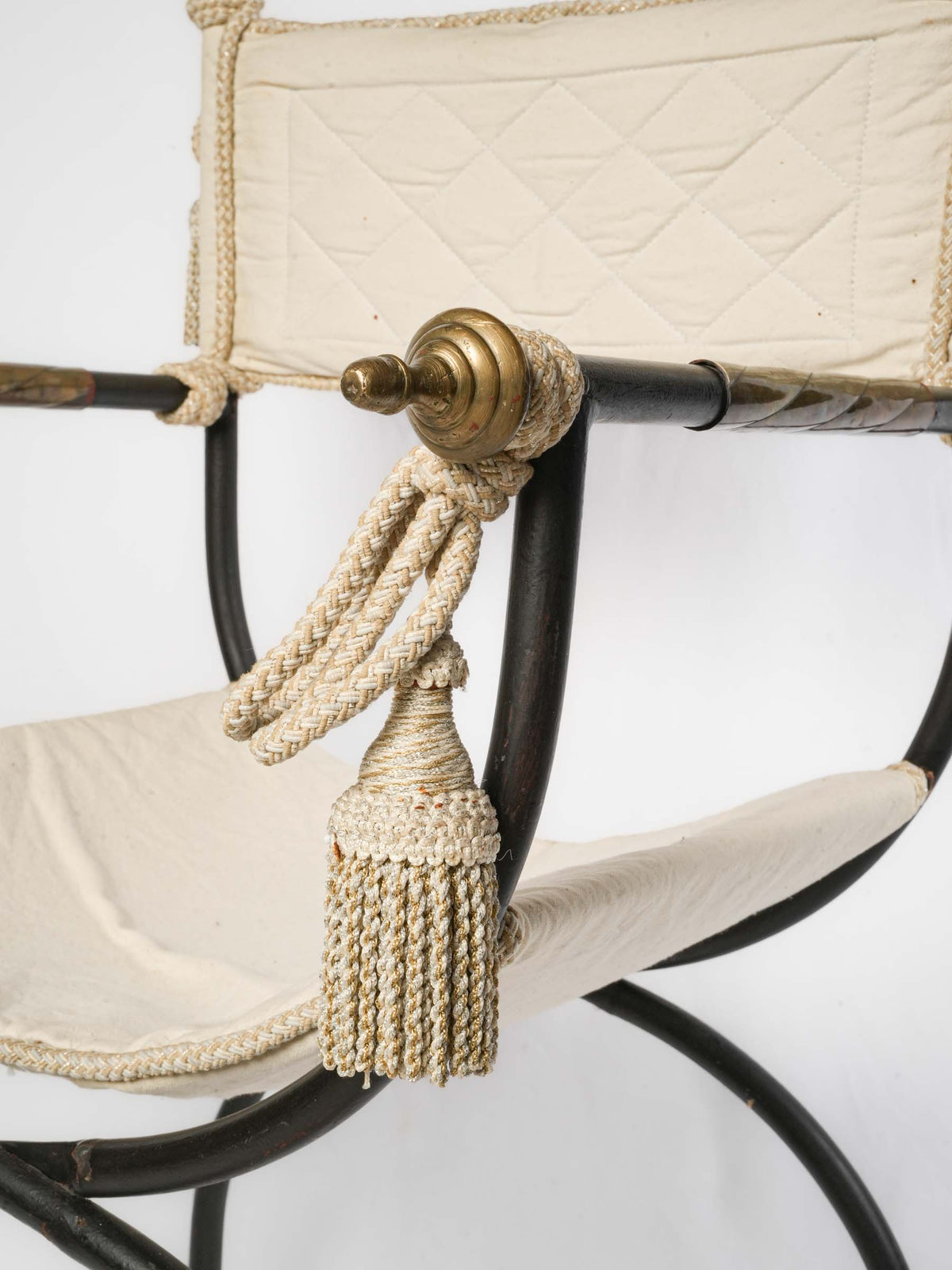 Set of Four Mid-Century French Curule Folding Armchairs w/ Brass Details, in the Manner of Maison Jansen