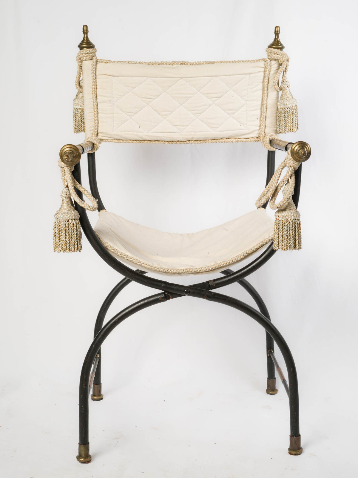 Set of Four Mid-Century French Curule Folding Armchairs w/ Brass Details, in the Manner of Maison Jansen